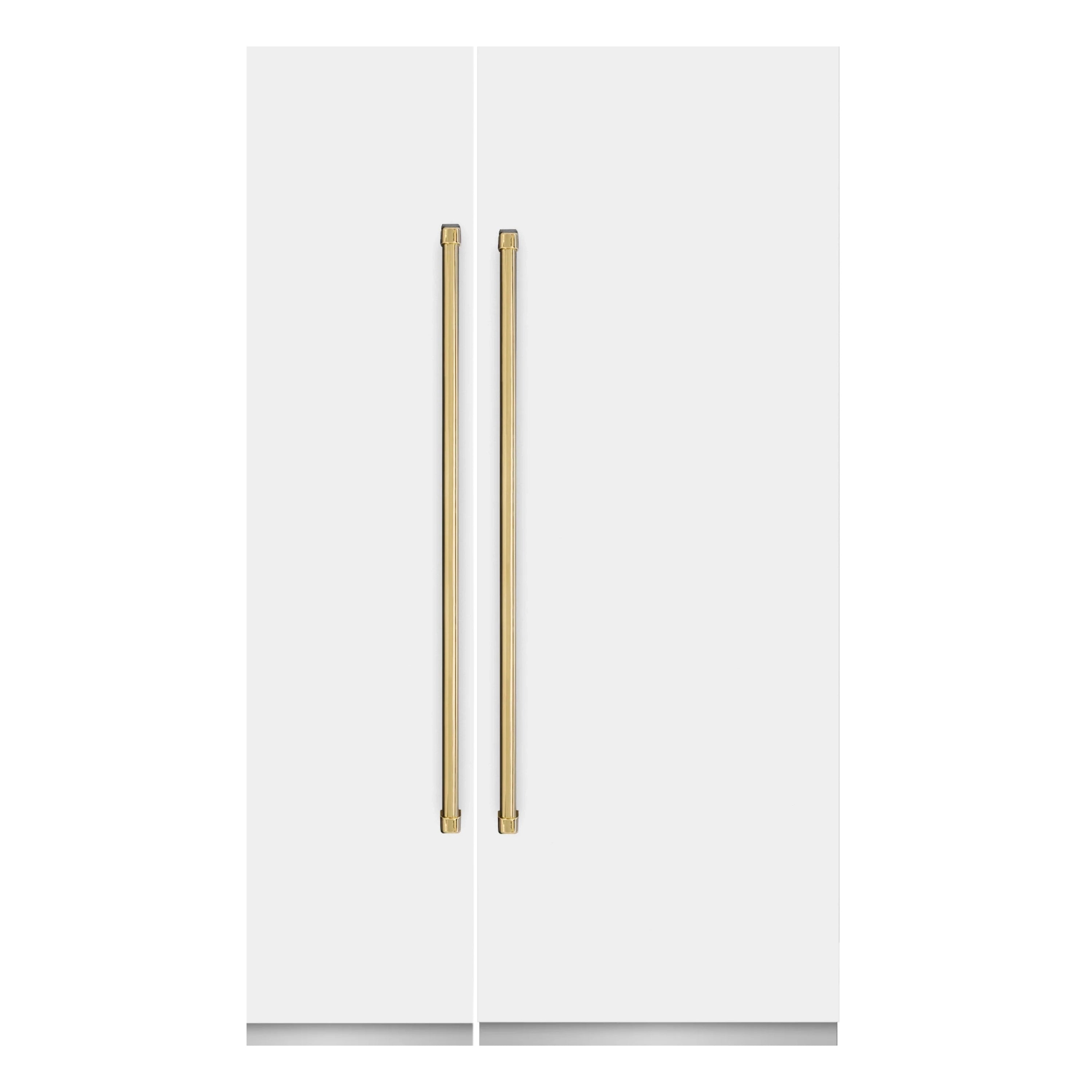 Gold accent refrigerator handles on a matte white door