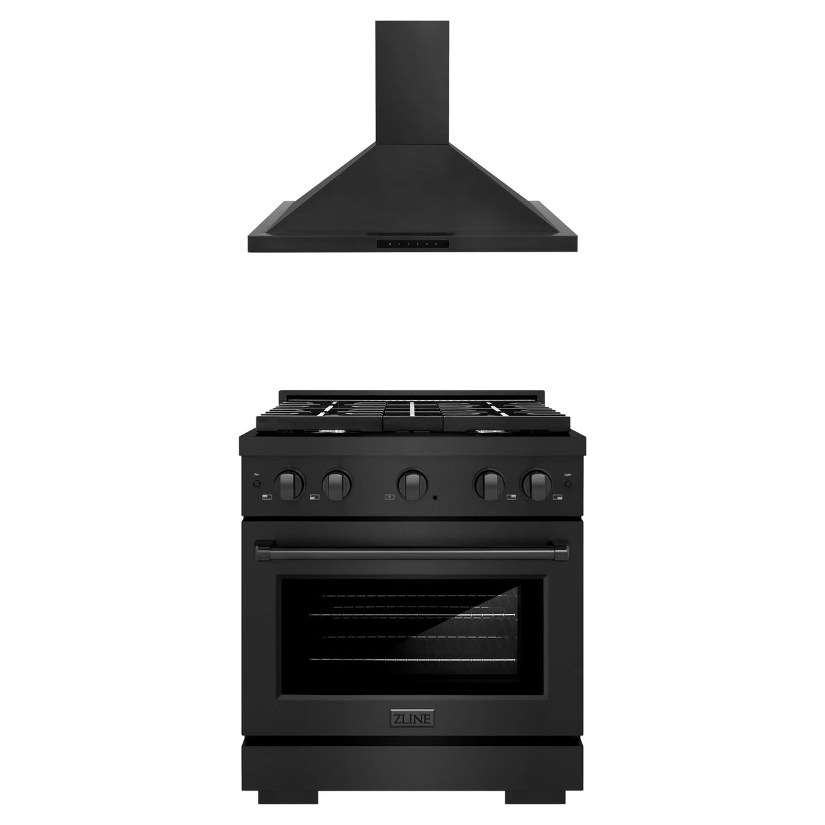 ZLINE 2-Piece Appliance Package - 30-Inch Paramount Dual Fuel Range & Convertible Vent Wall Mount Range Hood in Black Stainless Steel