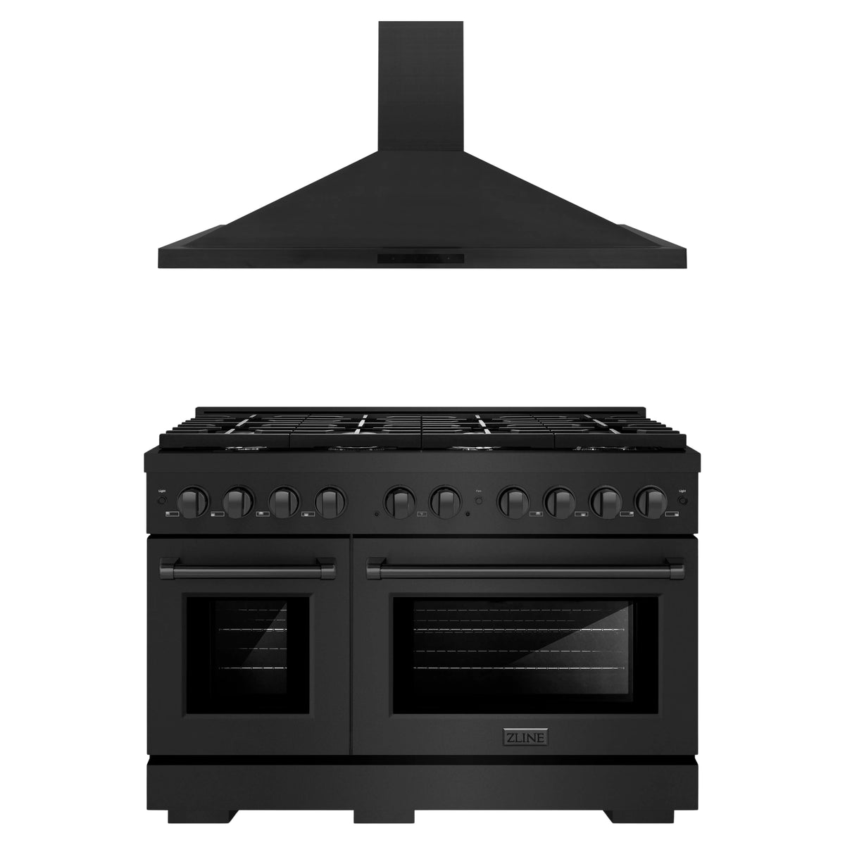 ZLINE 2-Piece Appliance Package - 48-Inch Paramount Dual Fuel Range & Convertible Vent Wall Mount Range Hood in Black Stainless Steel