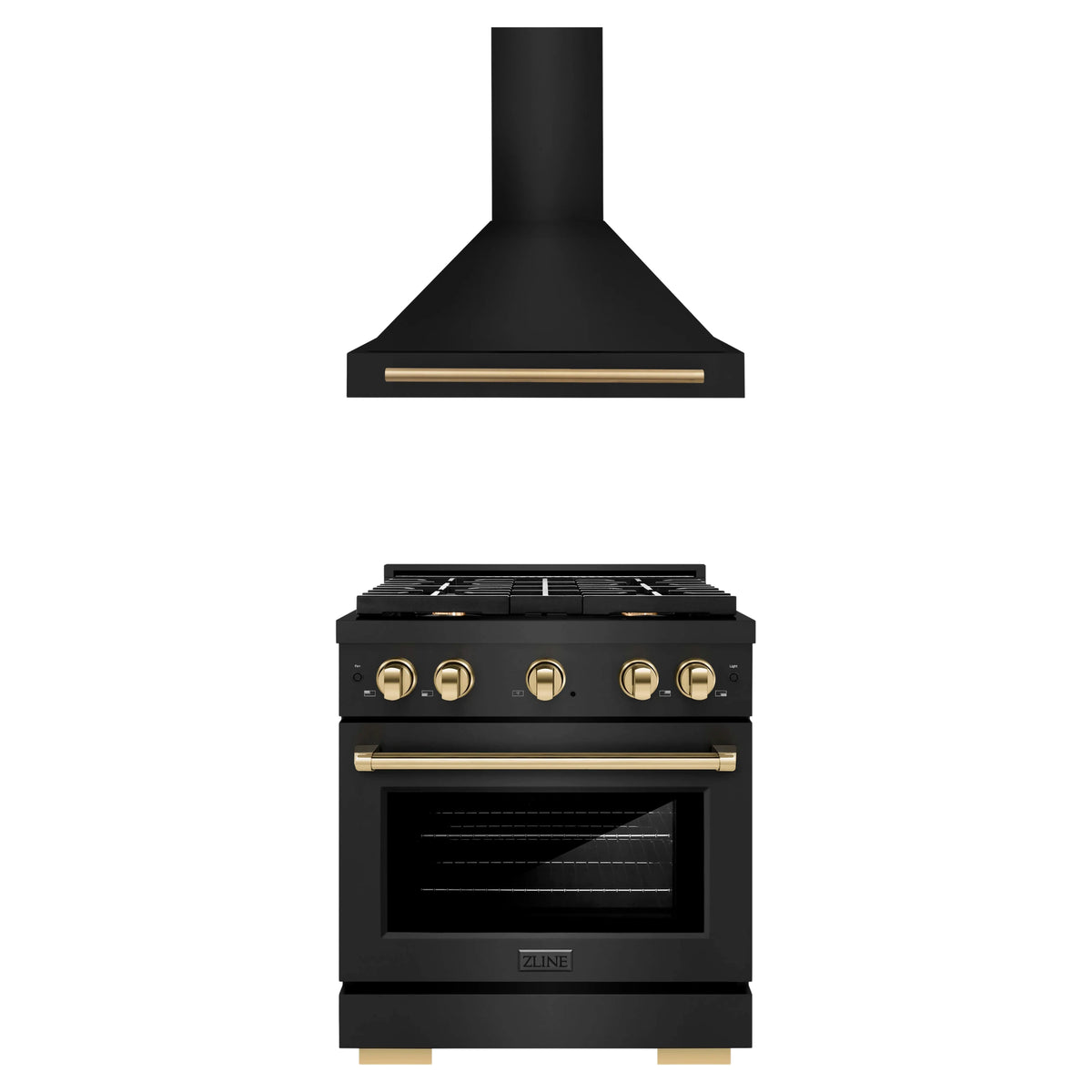 ZLINE Autograph Edition 2-Piece Appliance Package - 30-Inch Paramount Dual Fuel Range & Wall Mount Range Hood in Black Stainless Steel with Gold Accents