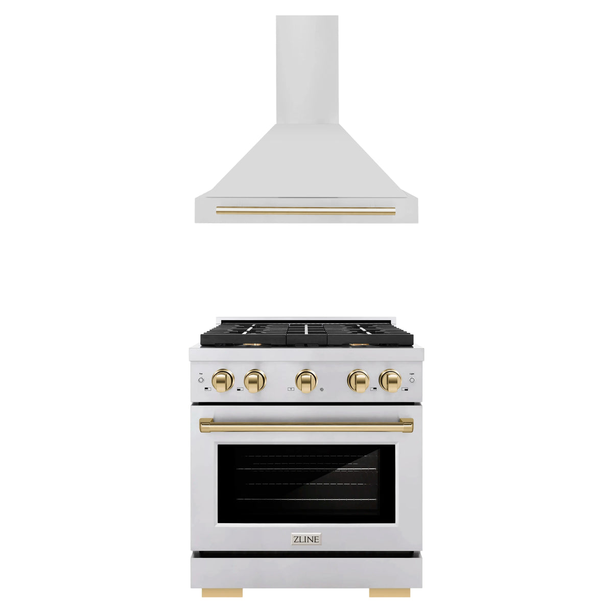 ZLINE Autograph Edition 2-Piece Appliance Package - 30-Inch Paramount Dual Fuel Range & Wall Mount Range Hood in Stainless Steel with Gold Accents