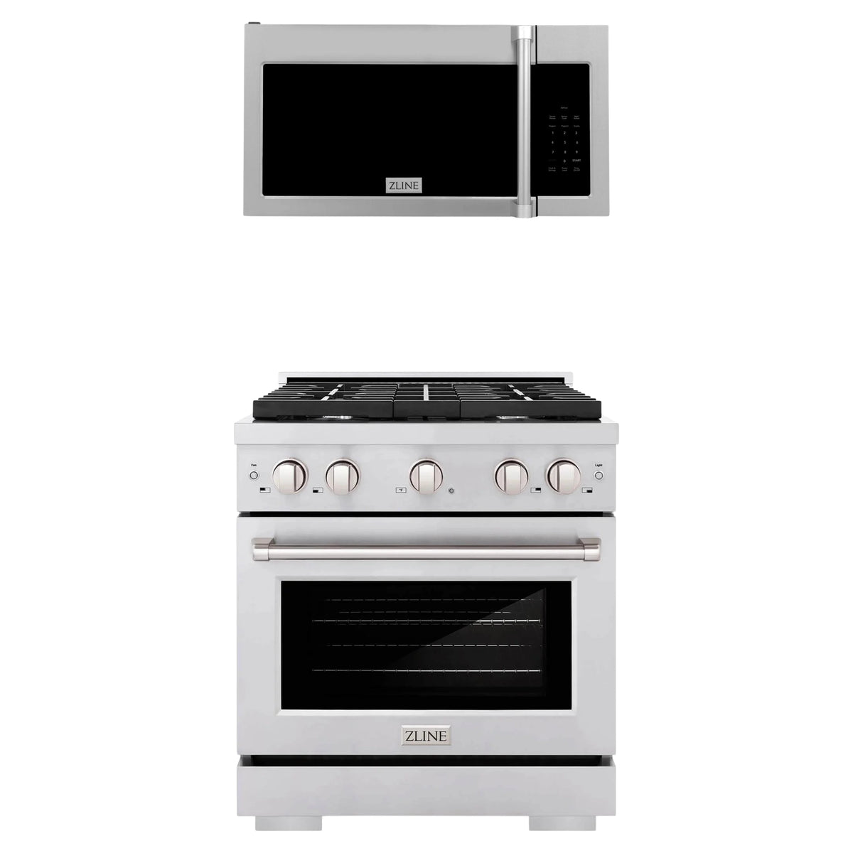 ZLINE 2-Piece Appliance Package - 30-inch Gas Range and Over-The-Range Microwave in Stainless Steel