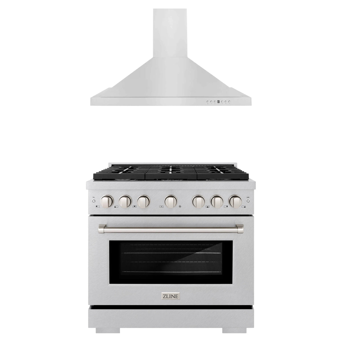 ZLINE 2-Piece Appliance Package - 36-inch Gas Range in Stainless Steel with Satin Stainless Steel Door & Convertible Wall Mount Hood