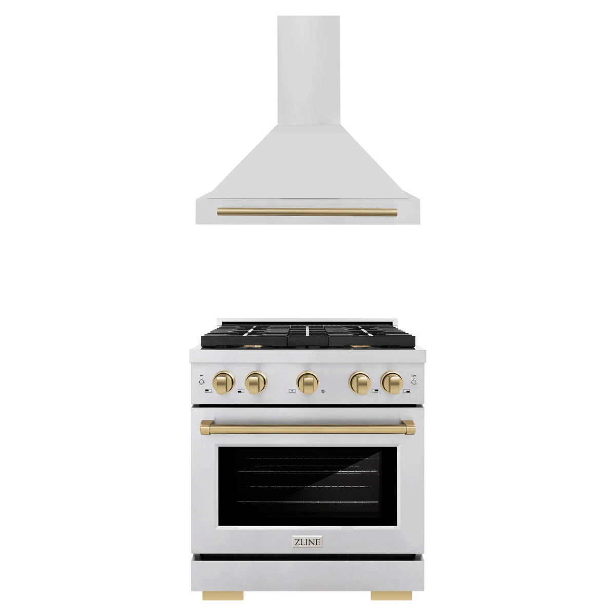 ZLINE Autograph Edition 2-Piece Appliance Package - 30-Inch Gas Range & Wall Mounted Range Hood in Stainless Steel with Champagne Bronze Trim
