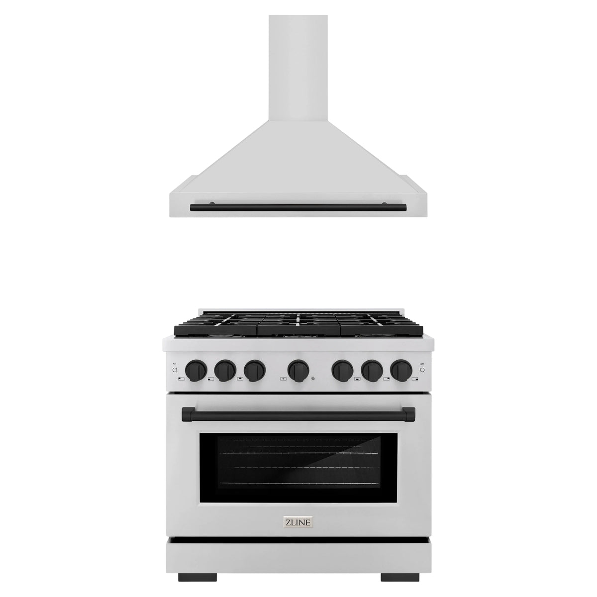 ZLINE Autograph Edition 2-Piece Appliance Package - 36-Inch Gas Range & Wall Mounted Range Hood in Stainless Steel with Matte Black Trim