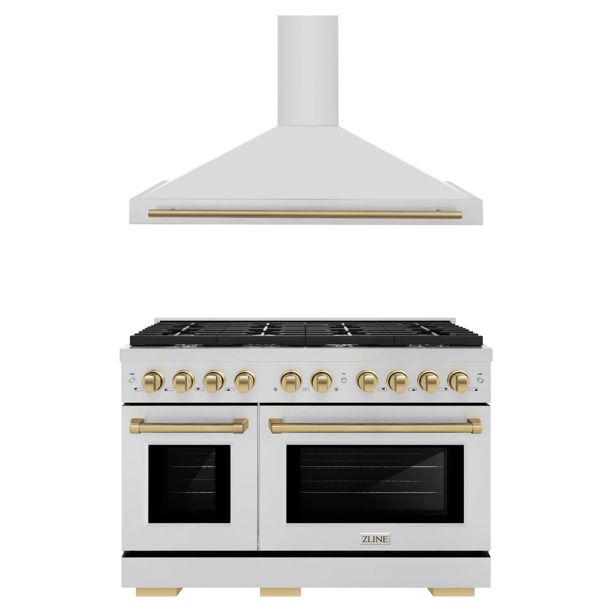 ZLINE Autograph Edition 2-Piece Appliance Package - 48-Inch Gas Range & Wall Mounted Range Hood in Stainless Steel with Champagne Bronze Trim