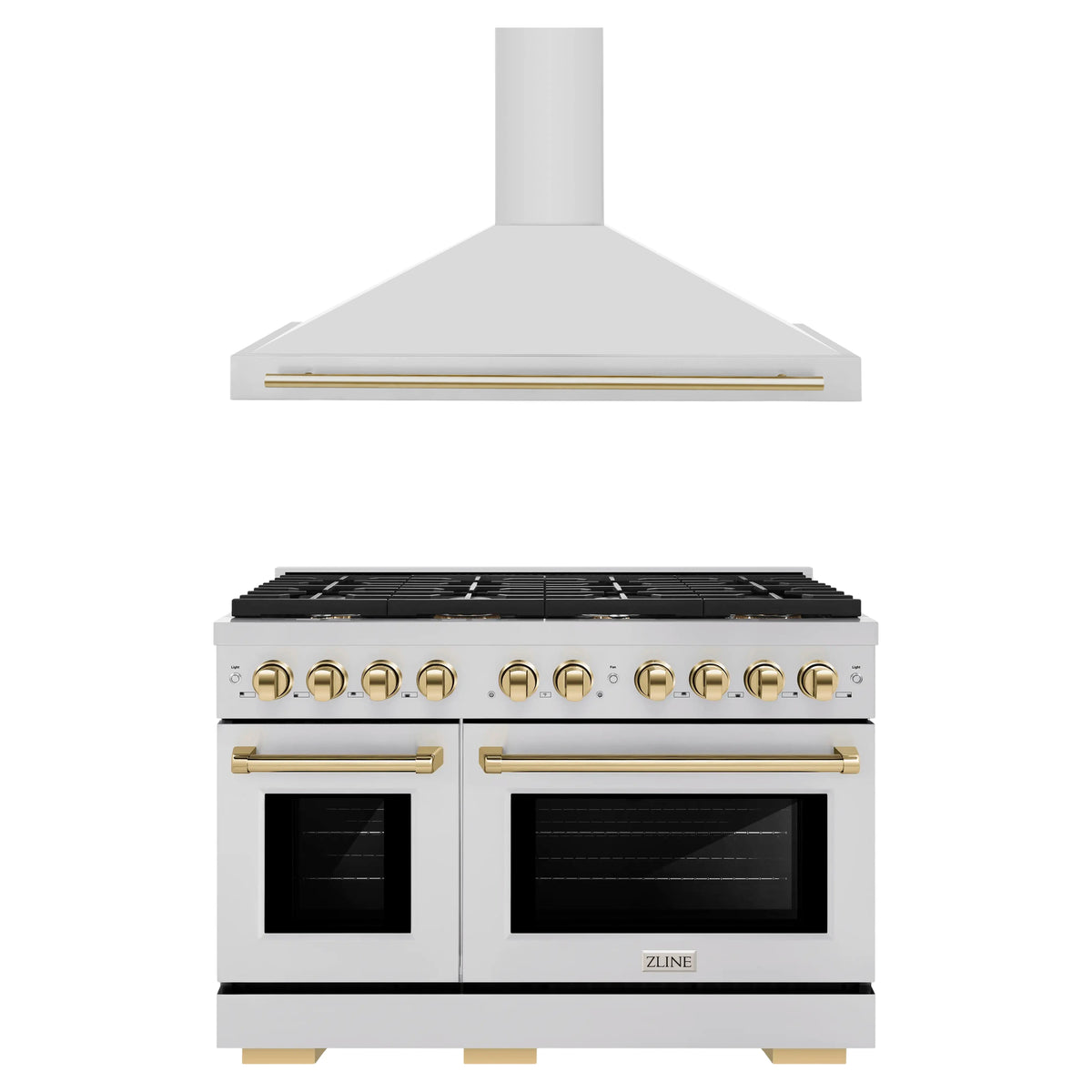 ZLINE Autograph Edition 2-Piece Appliance Package - 48-Inch Gas Range & Wall Mounted Range Hood in Stainless Steel with Gold Trim