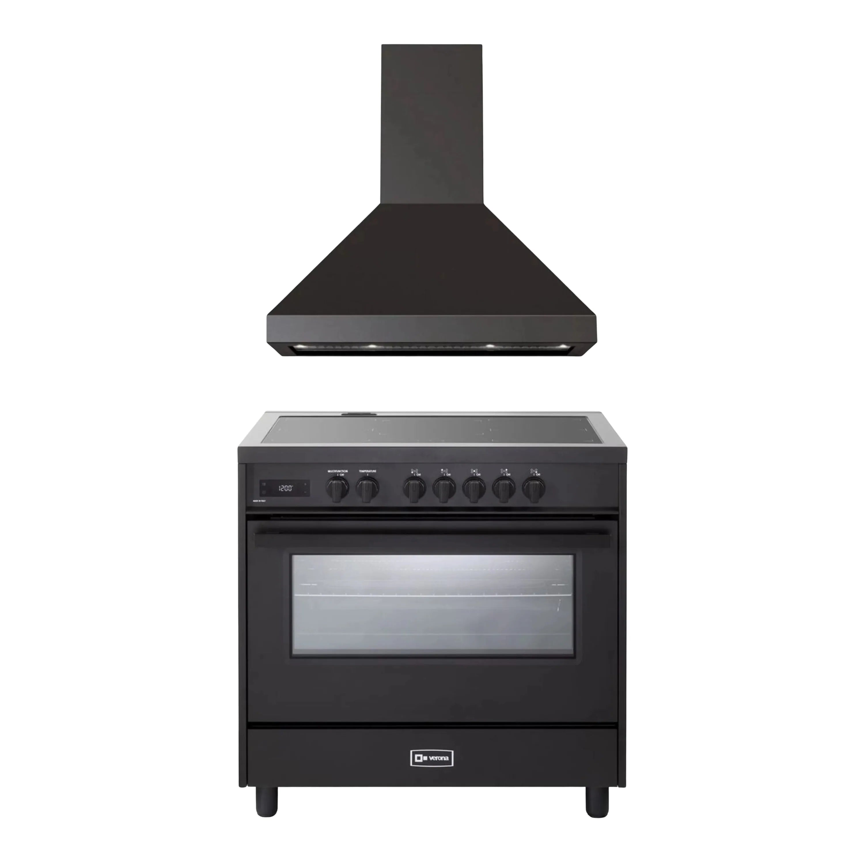 Black wall hood over black induction range with control panel and oven window
