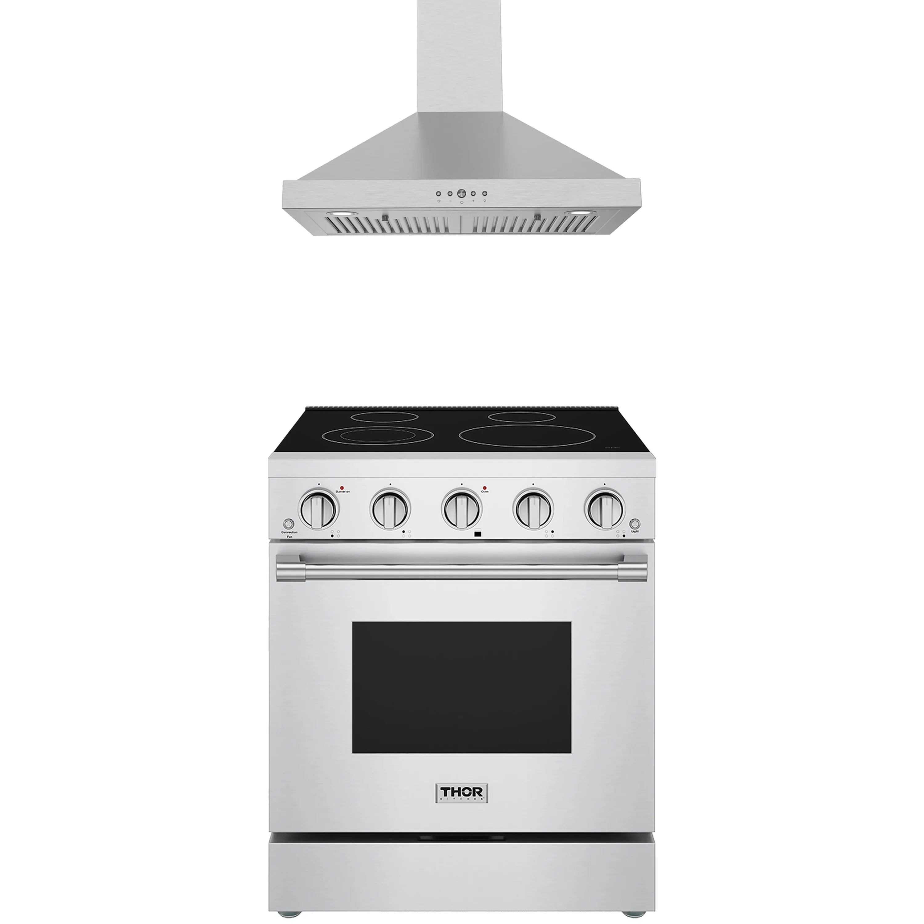 Stainless steel electric range with black glass cooktop and wall mount hood
