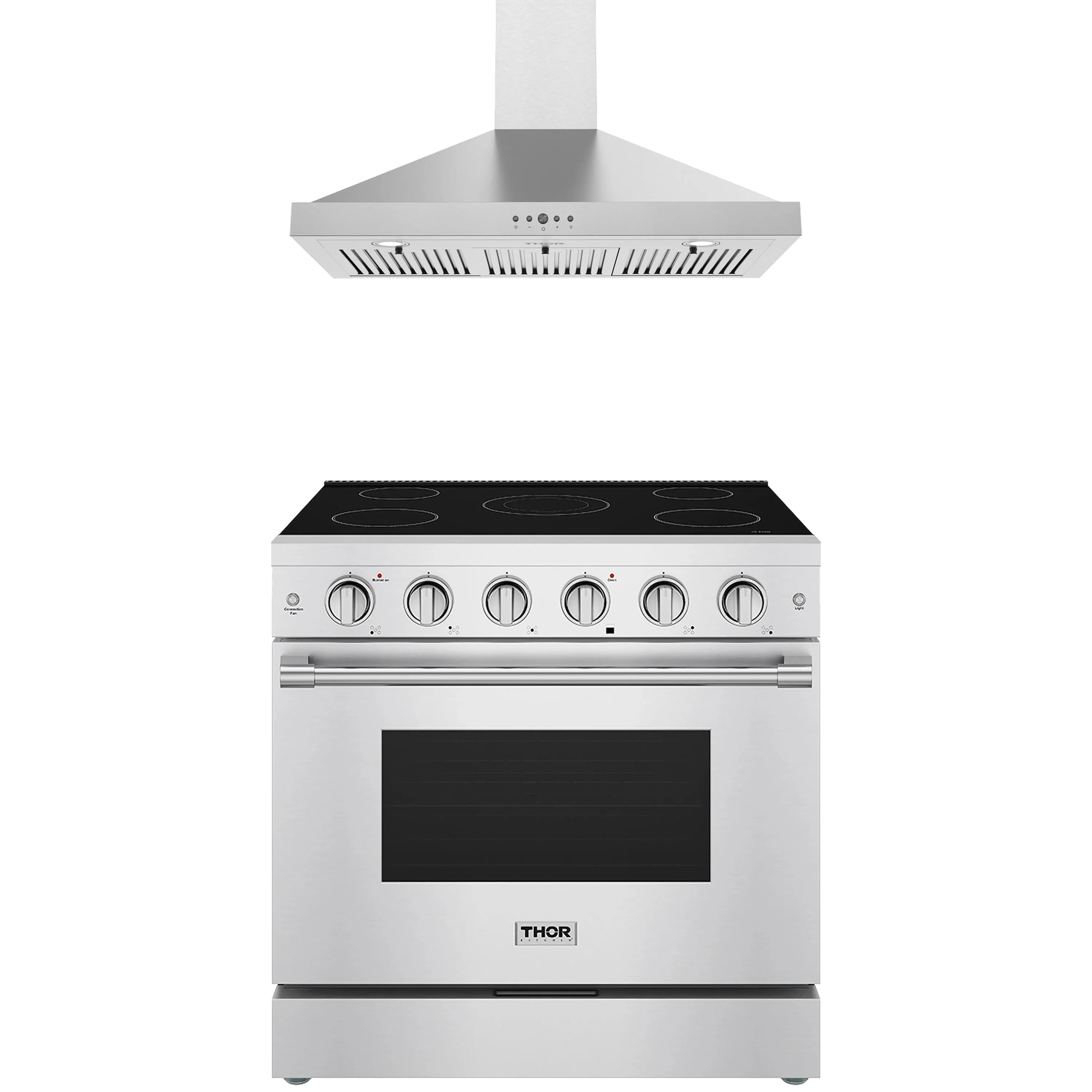 Stainless steel electric range with black glass cooktop and wall-mount hood