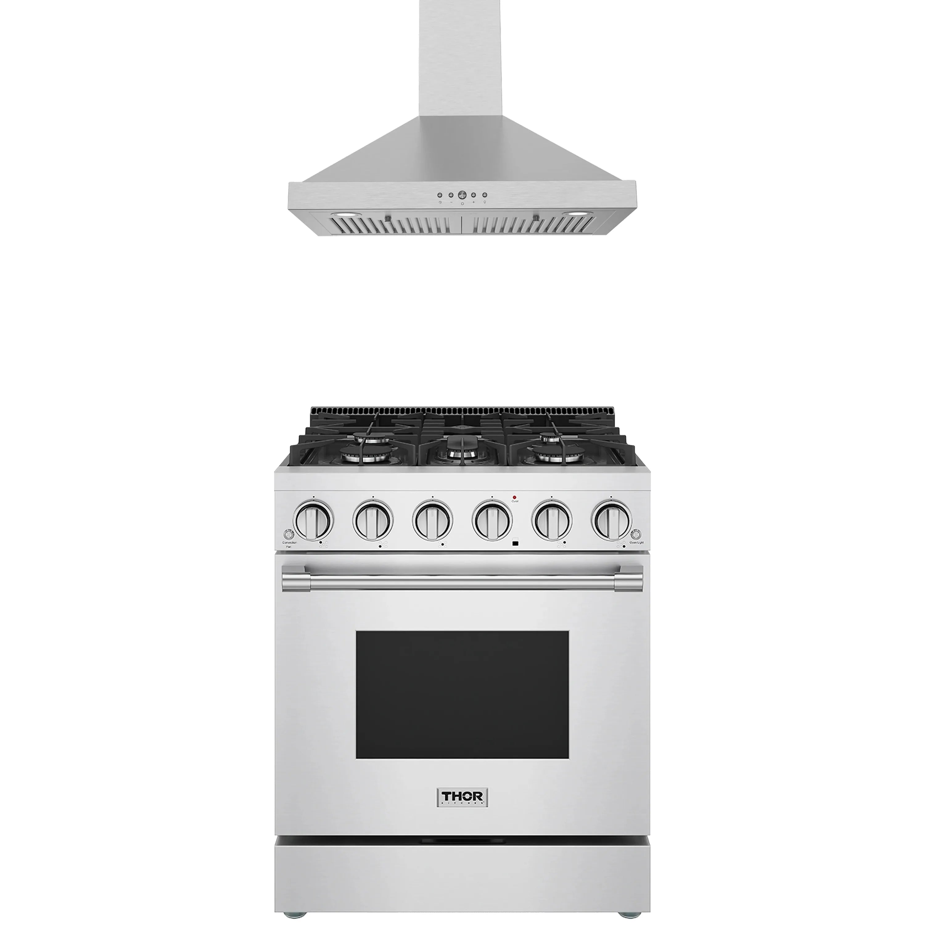 Stainless steel 6-burner gas range with control knobs and black oven door window