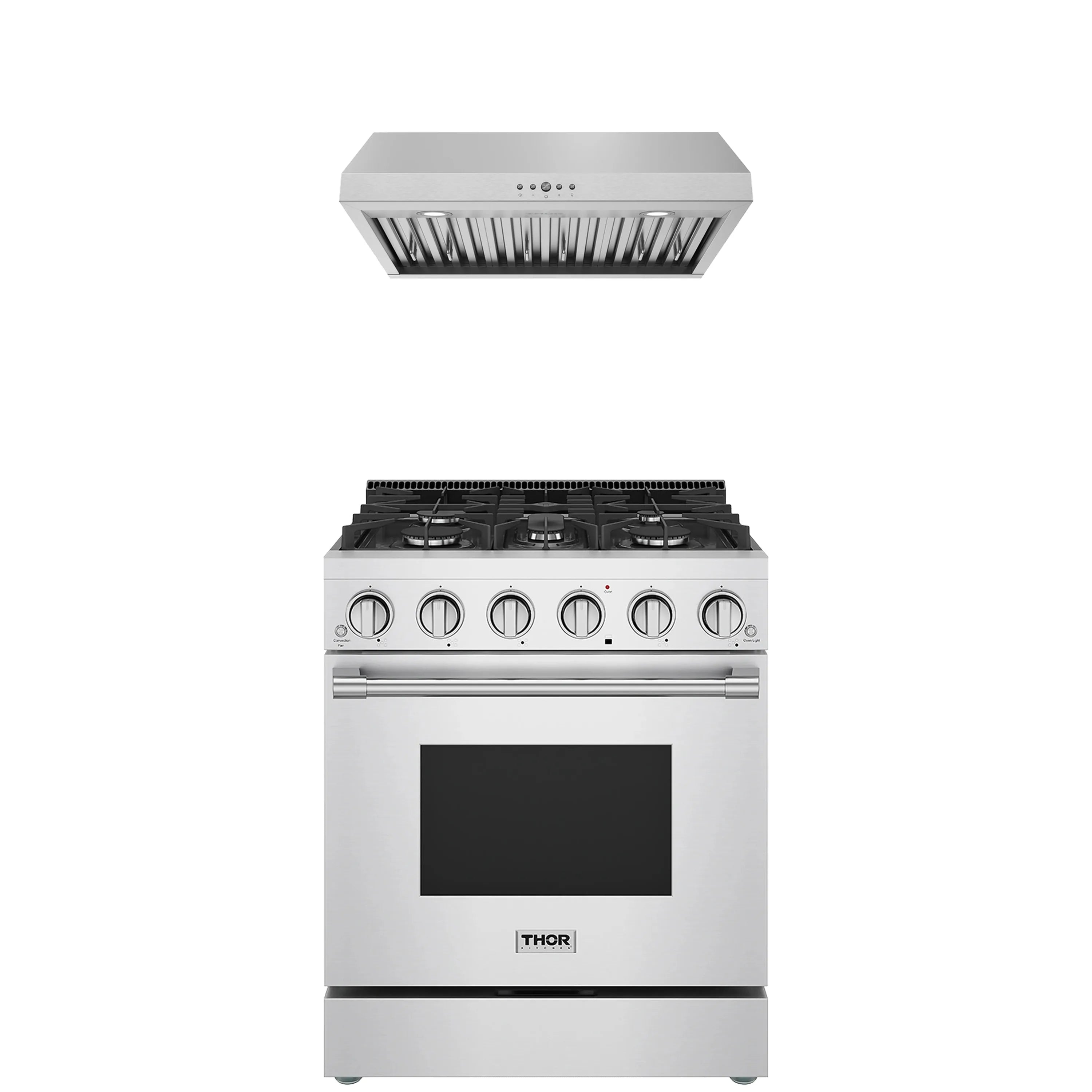 Stainless steel 30-inch gas range with black oven door window and matching hood