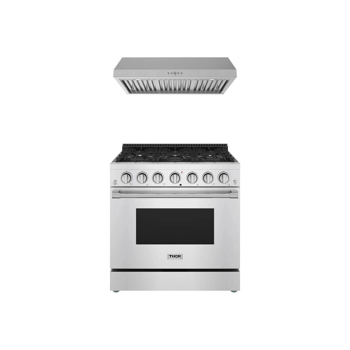 Thor Kitchen 2-Piece Appliance Package - 36-Inch Natural Gas Range & Under Cabinet Hood in Stainless Steel