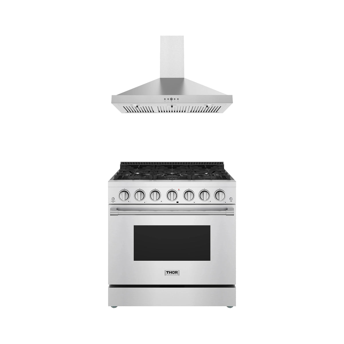 Thor Kitchen 2-Piece Appliance Package - 36-Inch Natural Gas Range & Wall Mount Hood in Stainless Steel