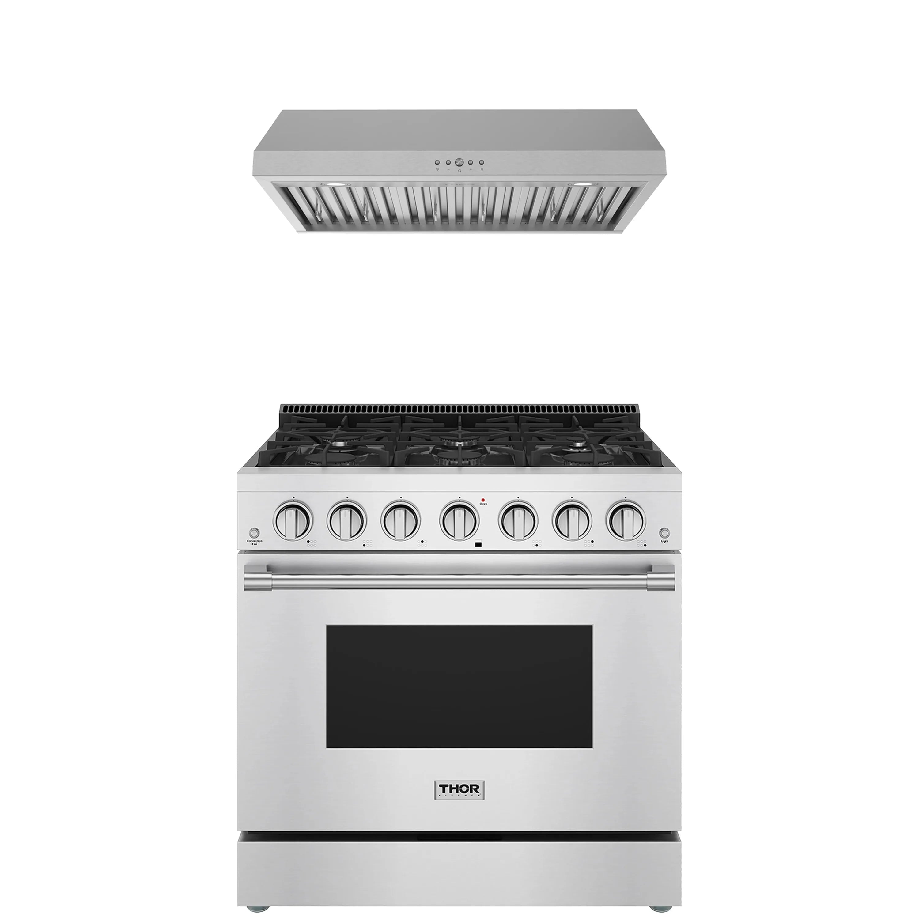 Thor stainless steel gas range with under-cabinet hood, front view