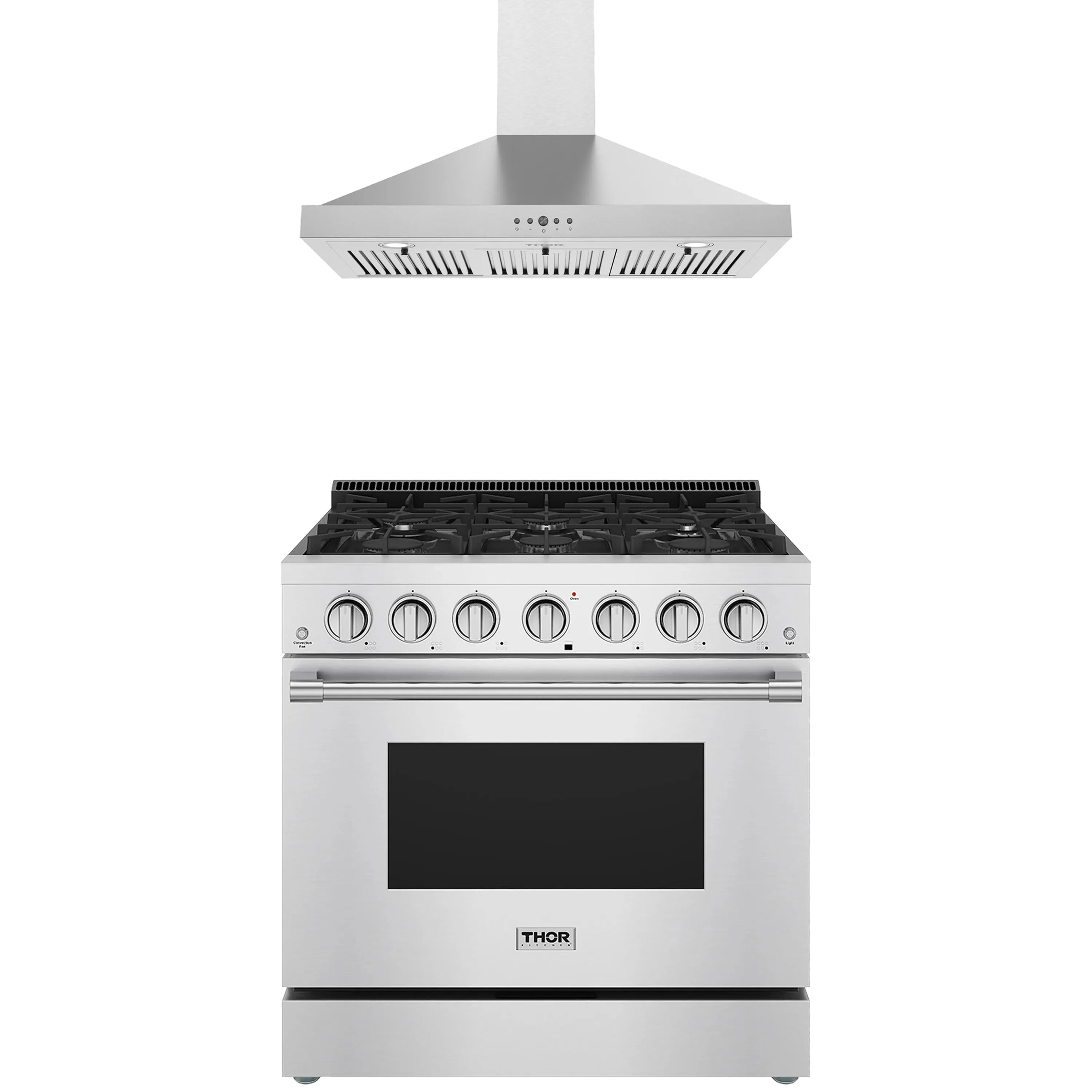 Stainless gas range with black glass oven window and wall-mount hood, 6 burners