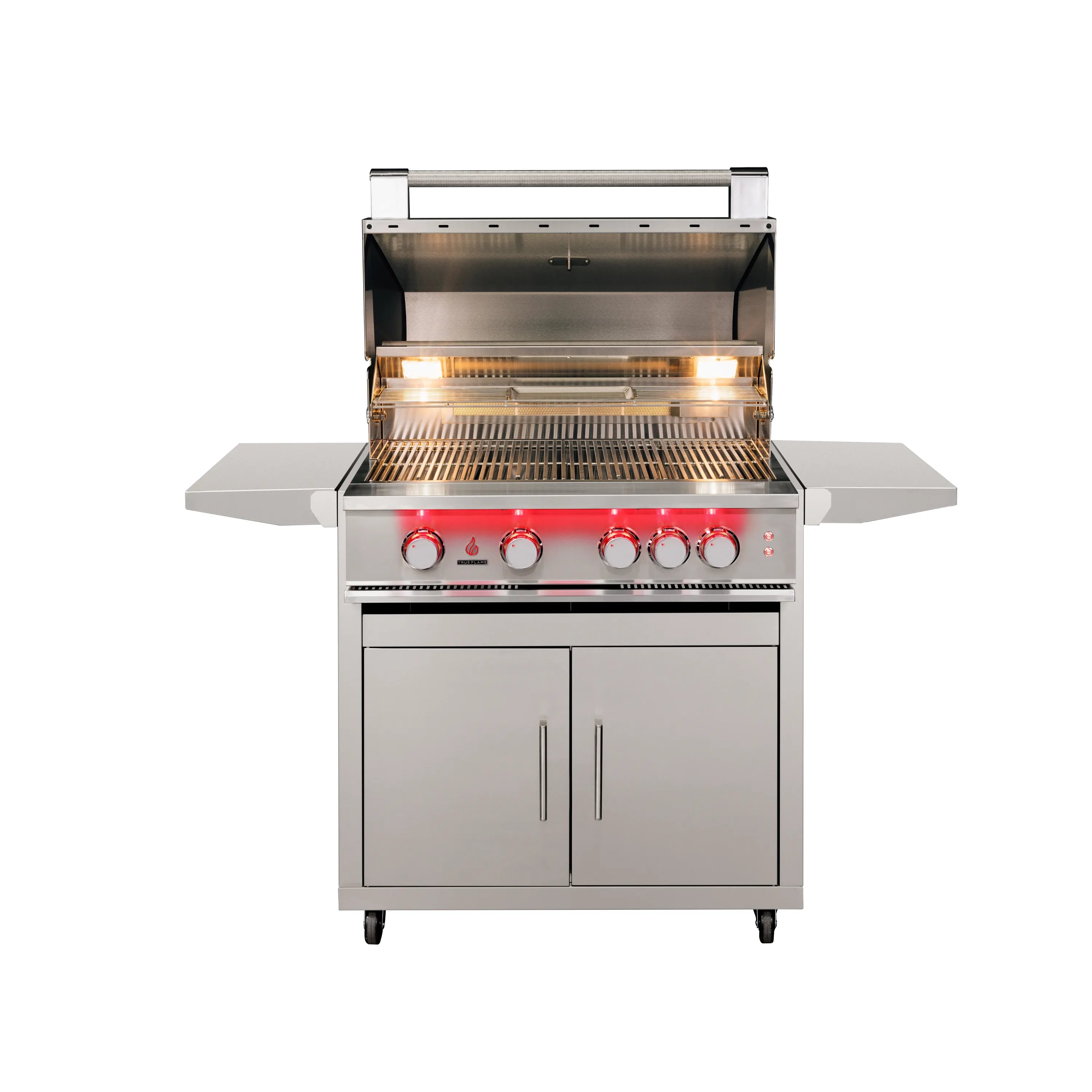 Stainless steel freestanding 4-burner natural gas grill with open lid and lit burners