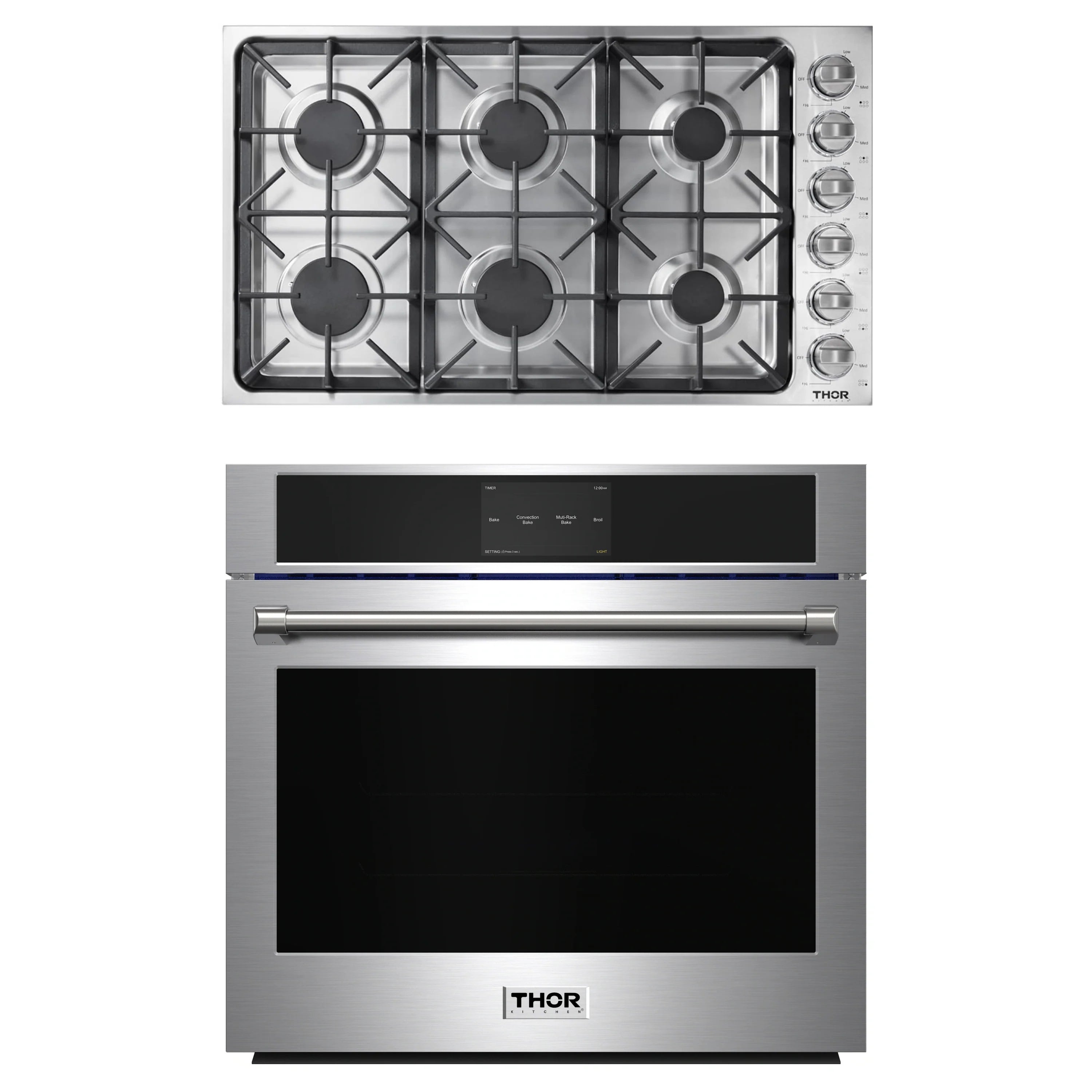 Stainless steel gas cooktop and electric wall oven combo with black glass panels