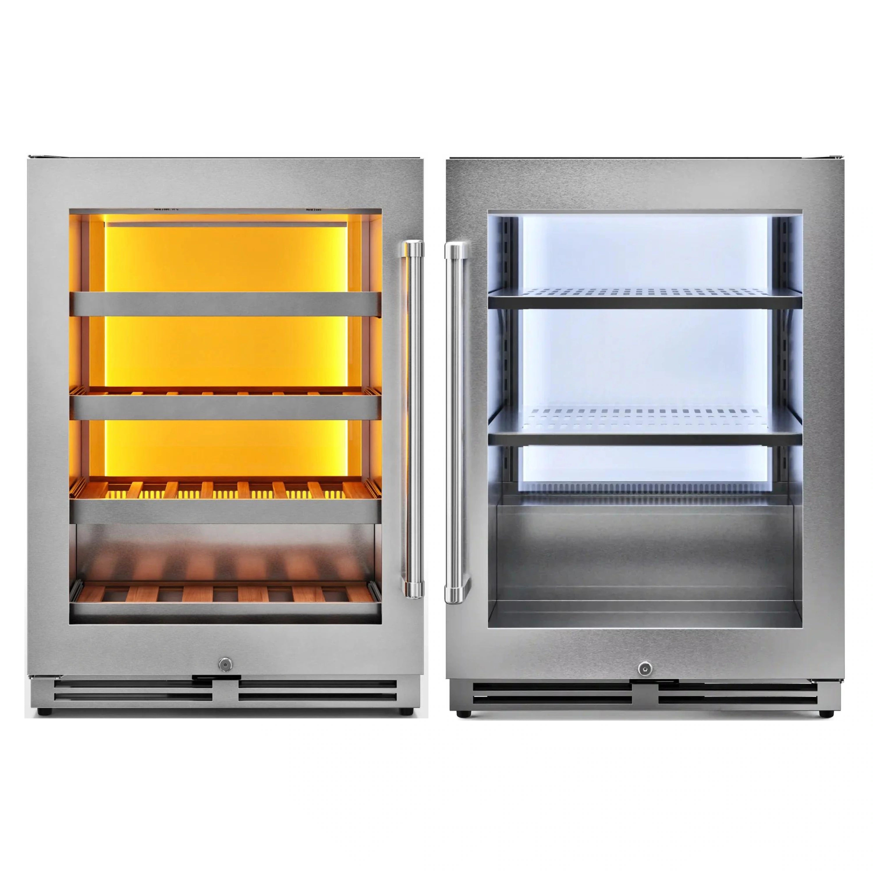 Two under-counter coolers side by side; one door open with lit shelves
