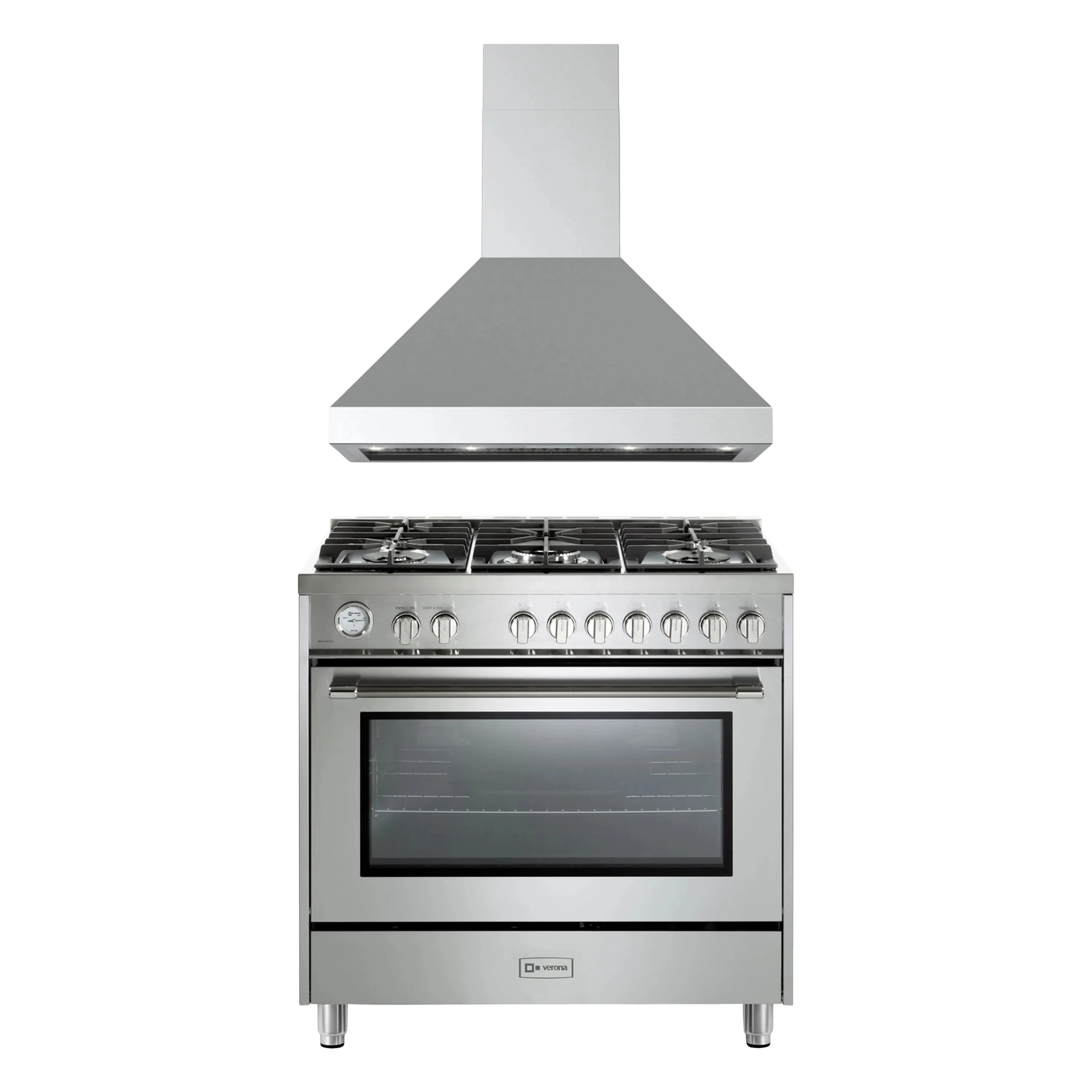 Stainless steel gas range with five burners, oven window, and matching hood