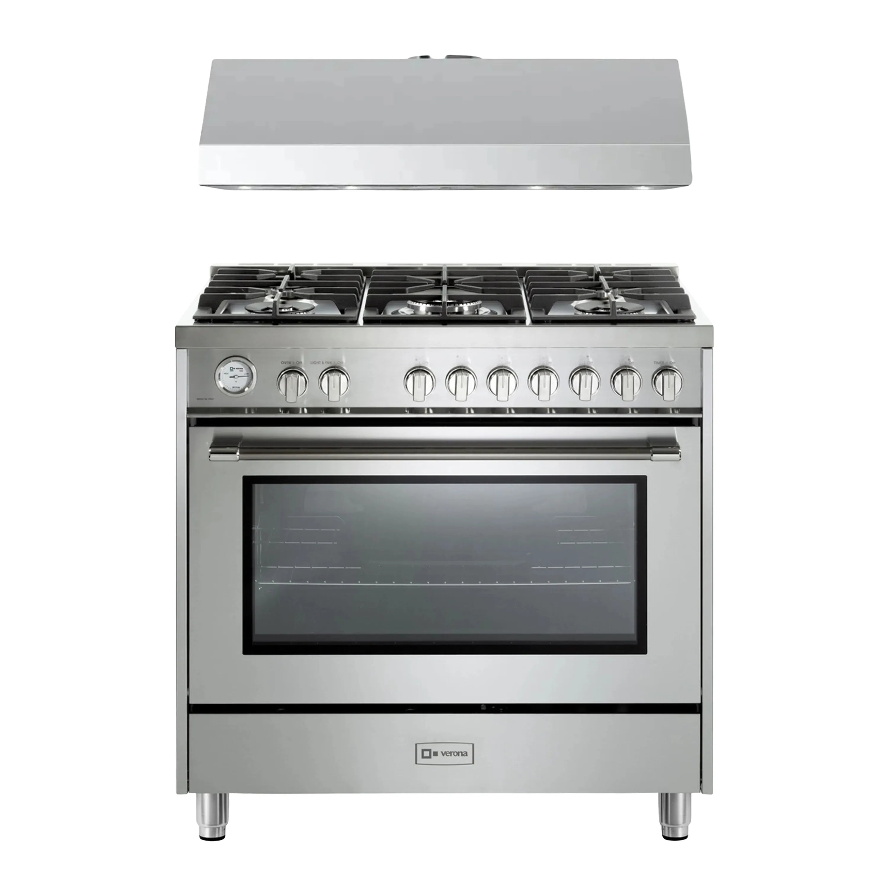 Stainless steel gas range with five burners, oven window, and control knobs