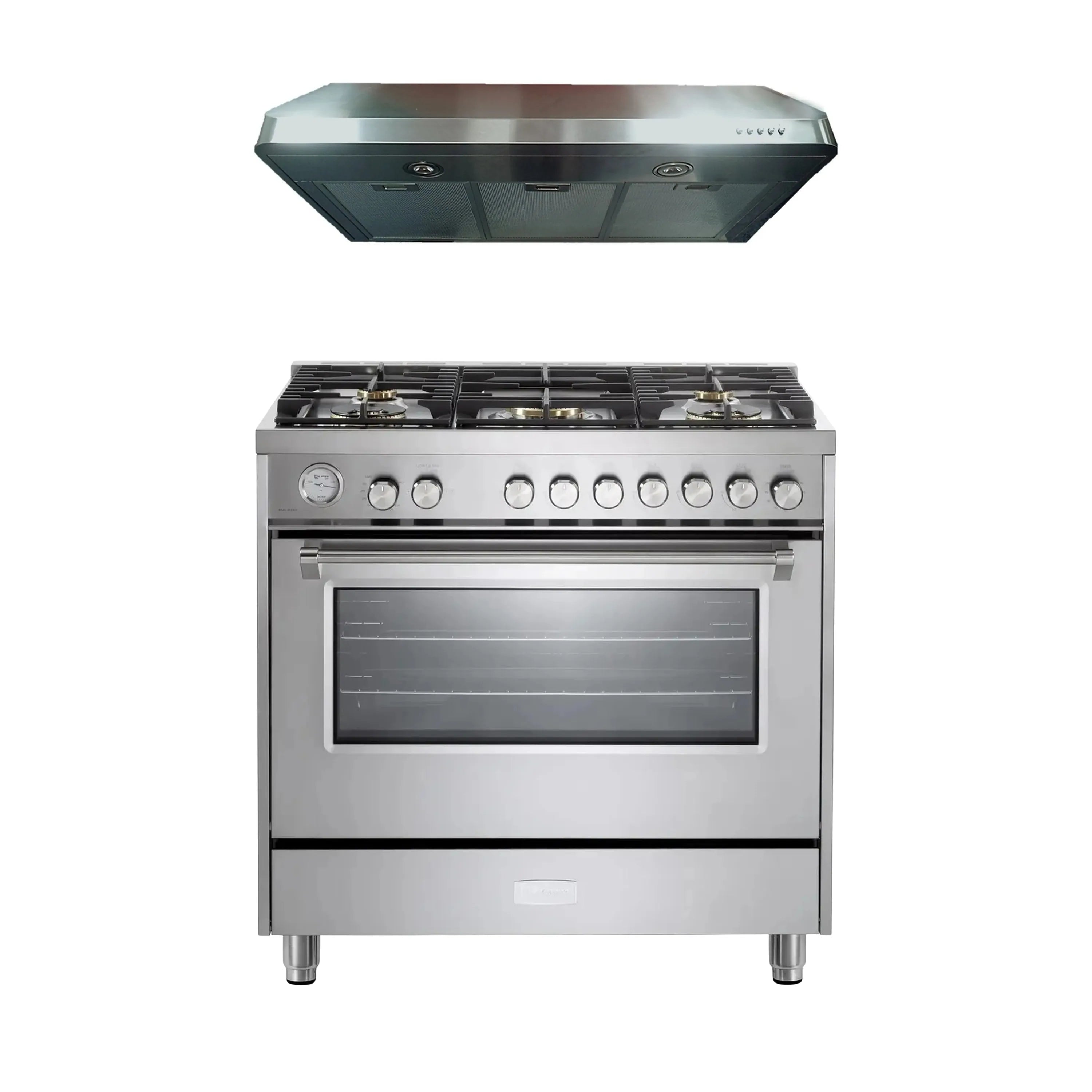 Stainless steel gas range with 5 sealed burners, oven window, and control knobs