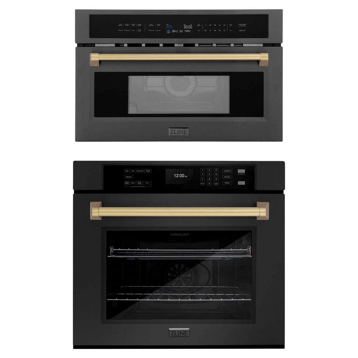 ZLINE Autograph Edition 2-Piece Appliance Package - 30-Inch Single Wall Oven with Self-Clean and 30-inch Built-In Microwave Oven in Black Stainless Steel with Champagne Bronze Trim