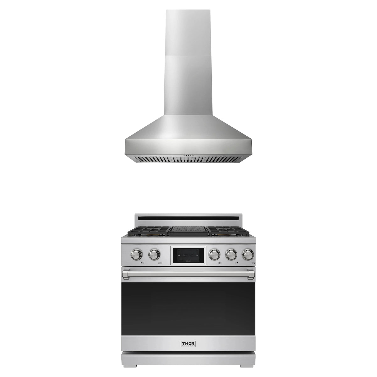 Thor Kitchen 2-Piece Appliance Package - 36-Inch Dual Fuel Range & Wall Mount Hood in Stainless Steel