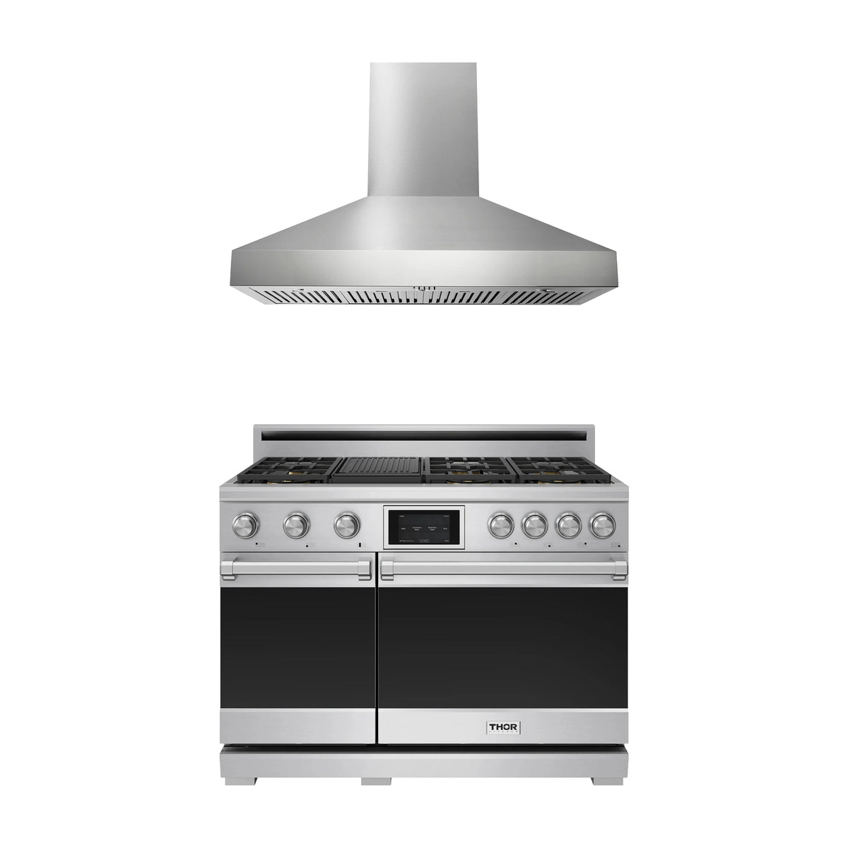 Thor Kitchen 2-Piece Appliance Package - 48-Inch Dual Fuel Range & Wall Mount Hood in Stainless Steel