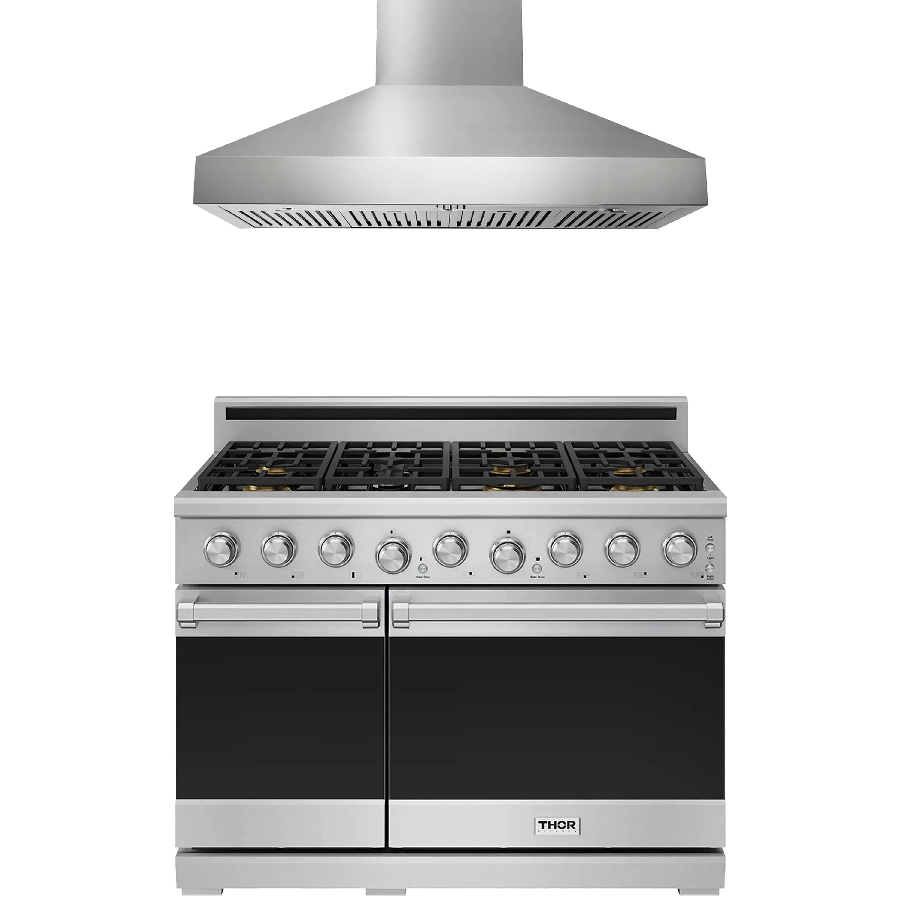 Stainless steel gas range with wall-mount hood and control panel