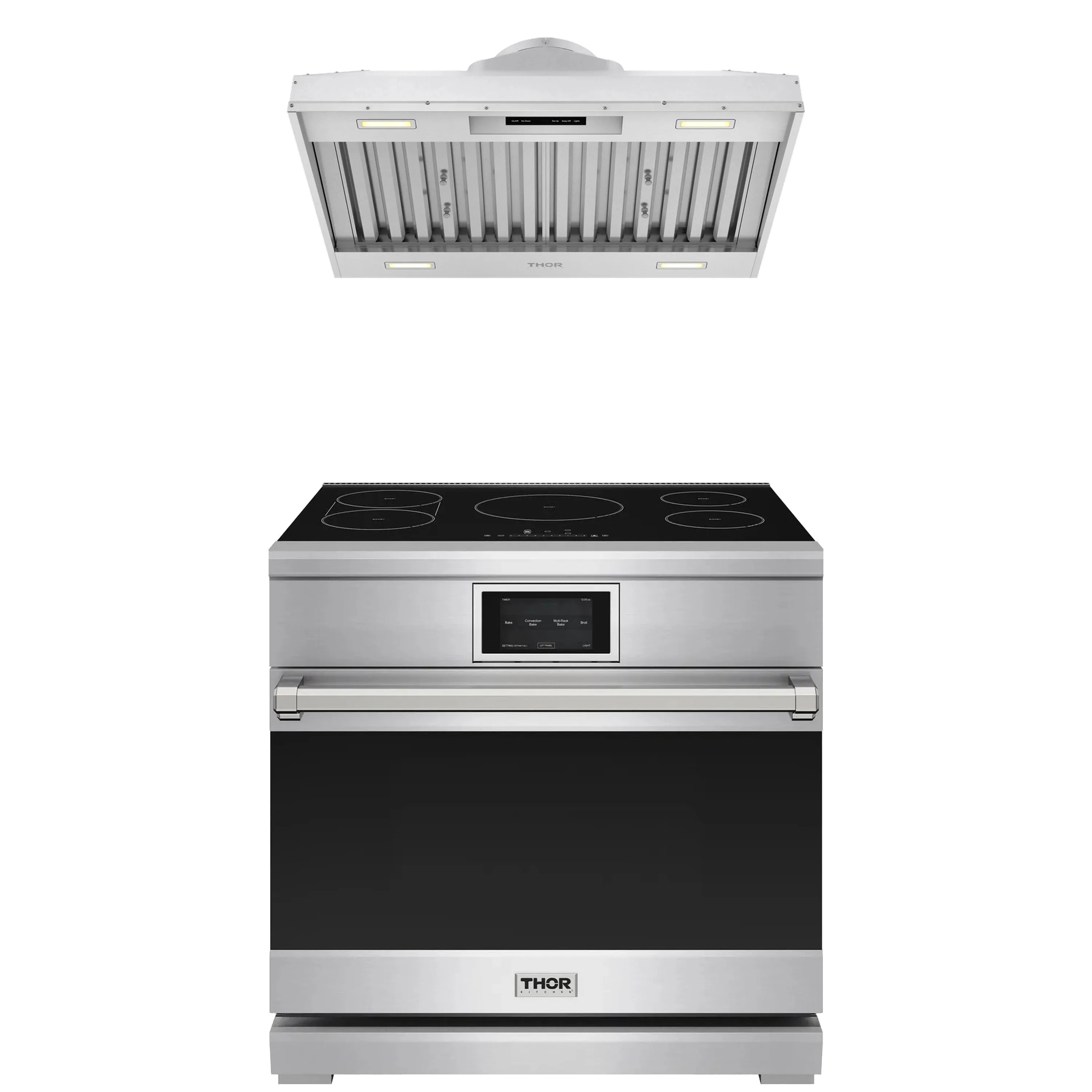 Stainless steel induction range with black cooktop and matching range hood insert