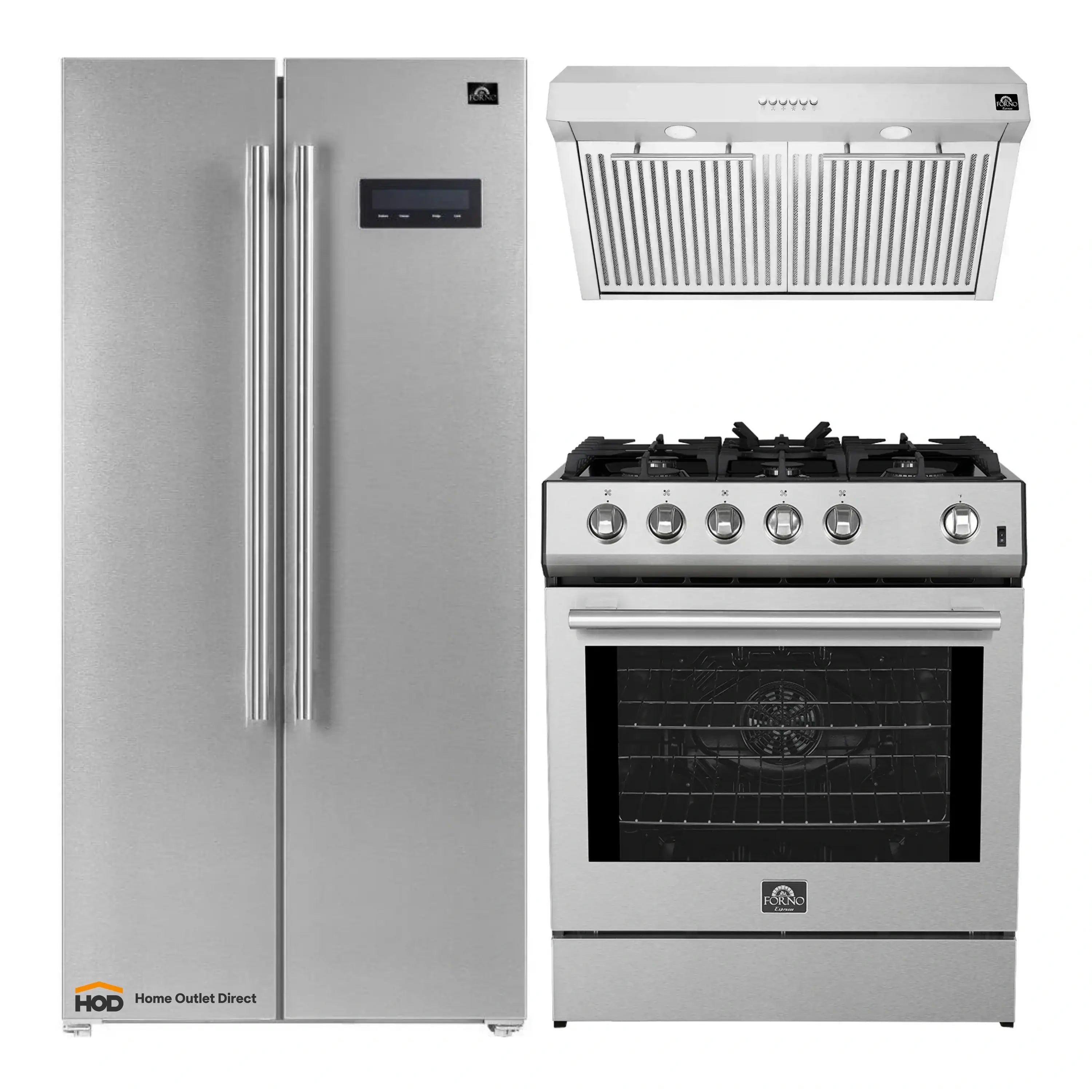 Three-piece appliance package: stainless fridge, under-cabinet hood, gas range
