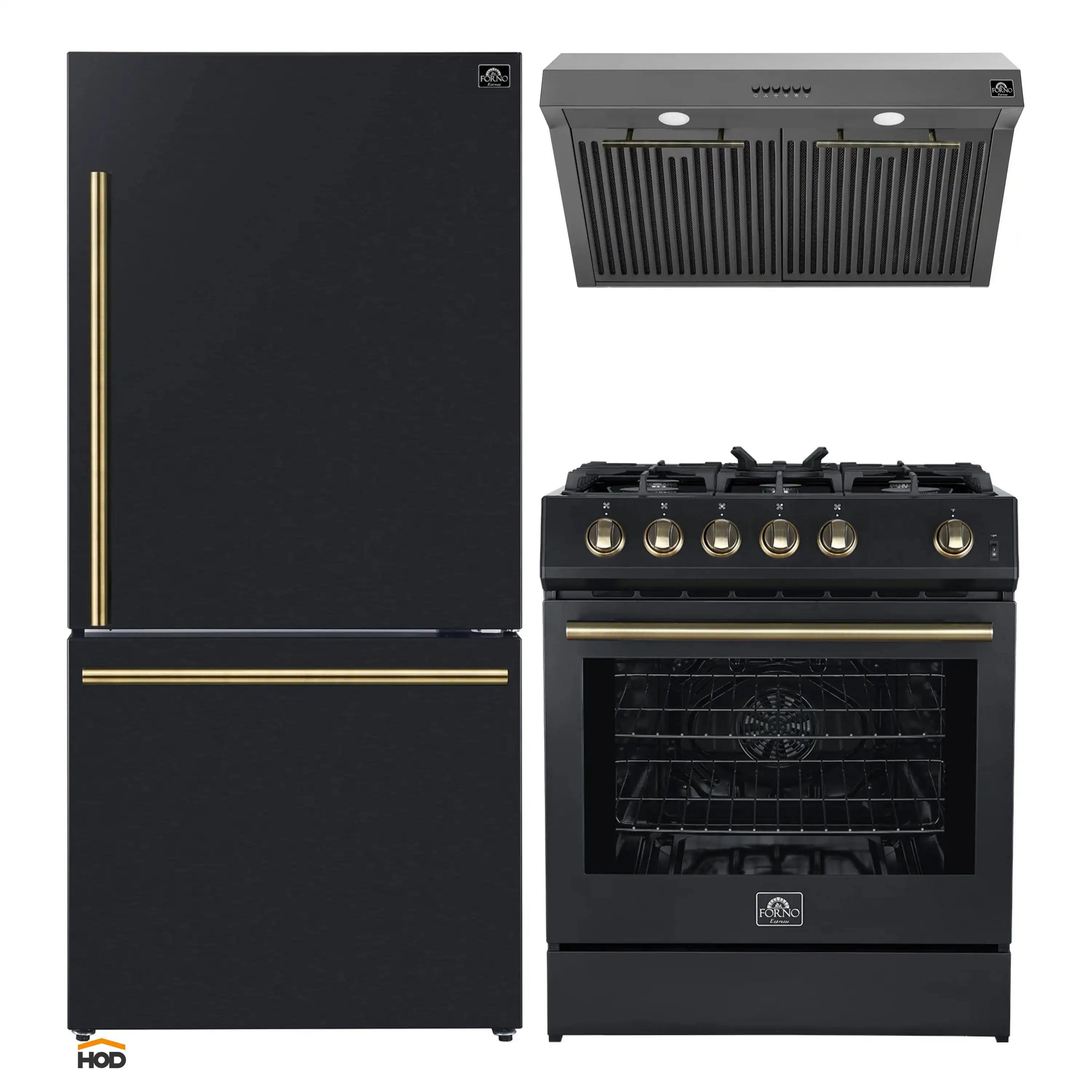 Black refrigerator, gas range, and under-cabinet hood set with brass accents