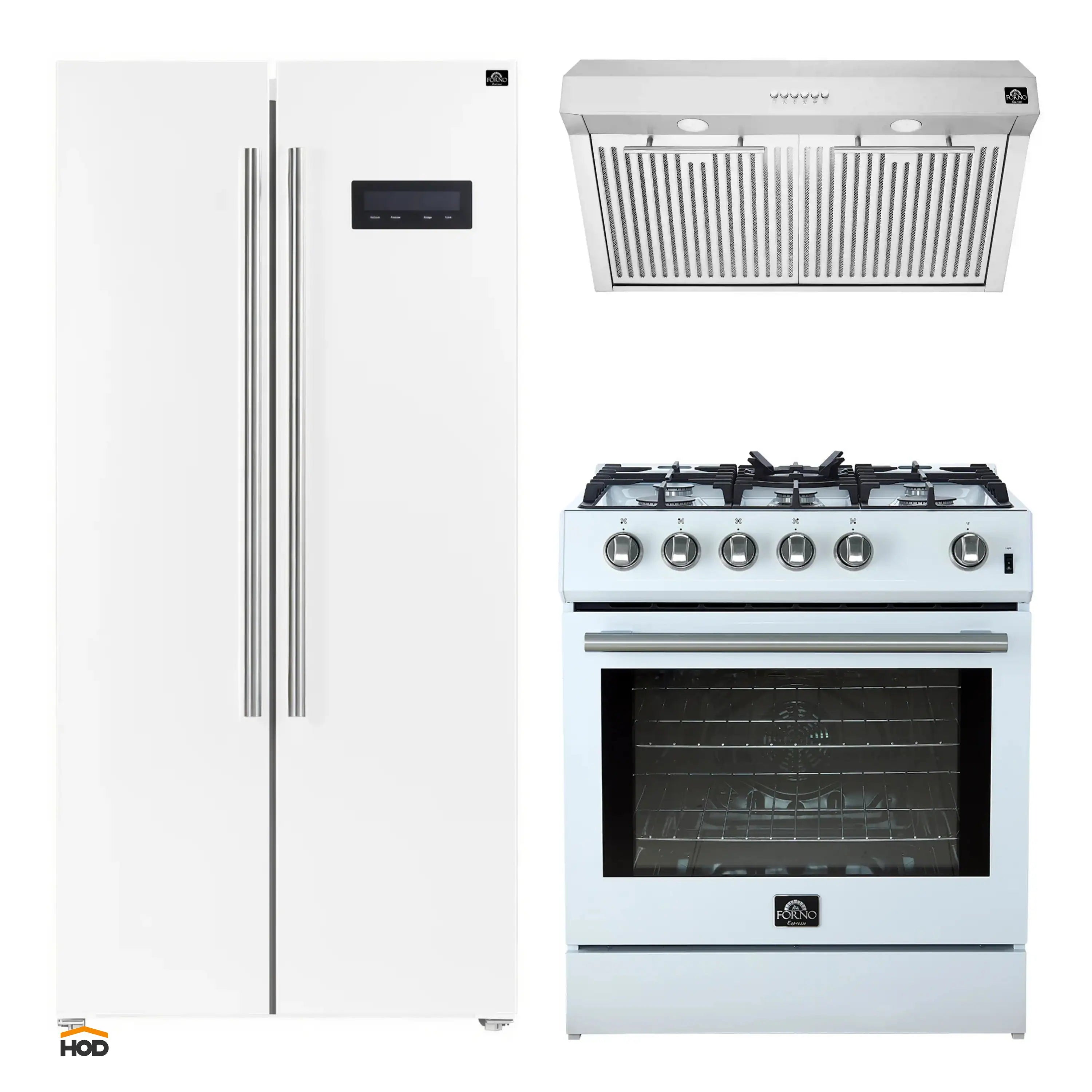 White refrigerator next to gas range and under-cabinet range hood with stainless accents