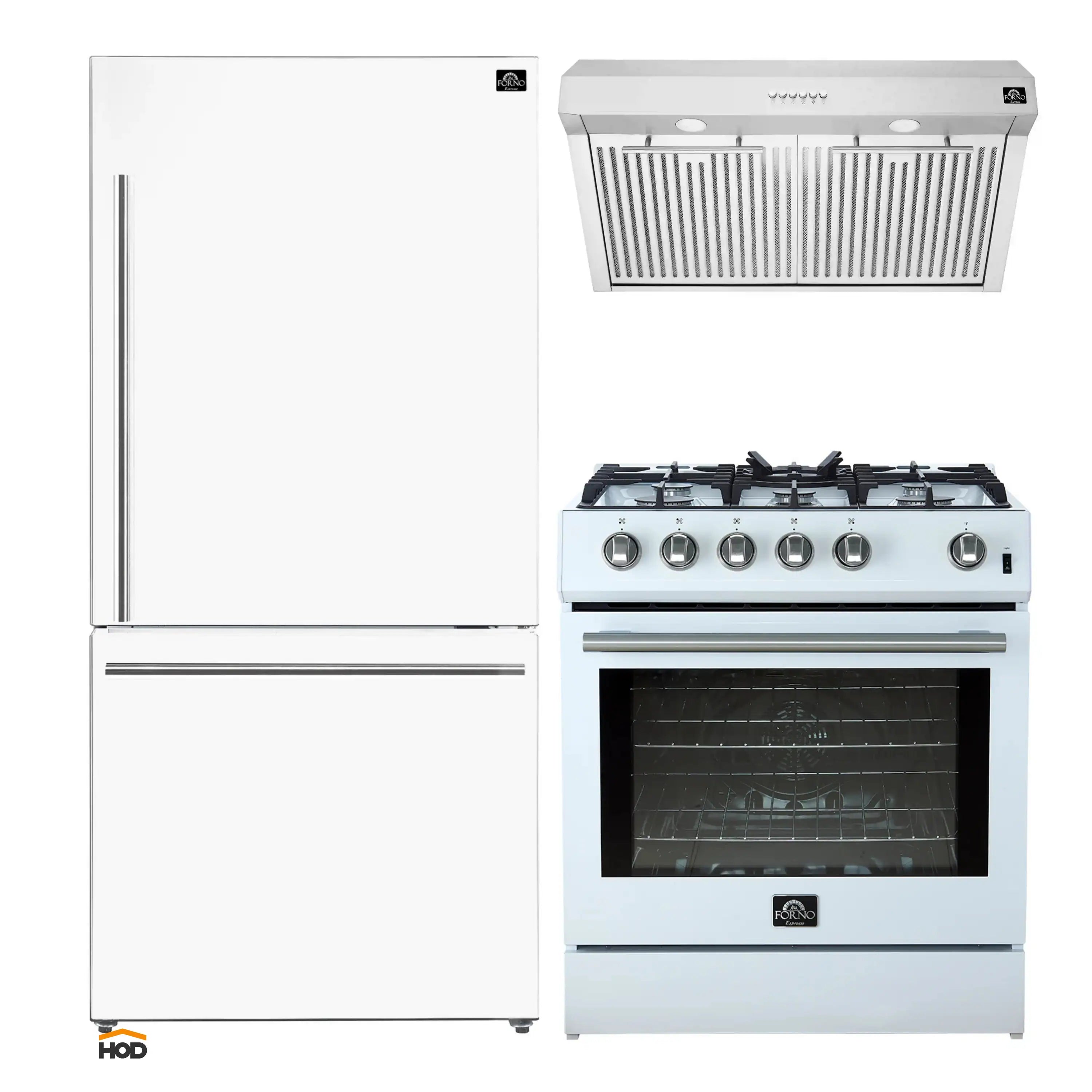 3-piece kitchen appliance set: white refrigerator, under-cabinet hood, and gas range with knobs