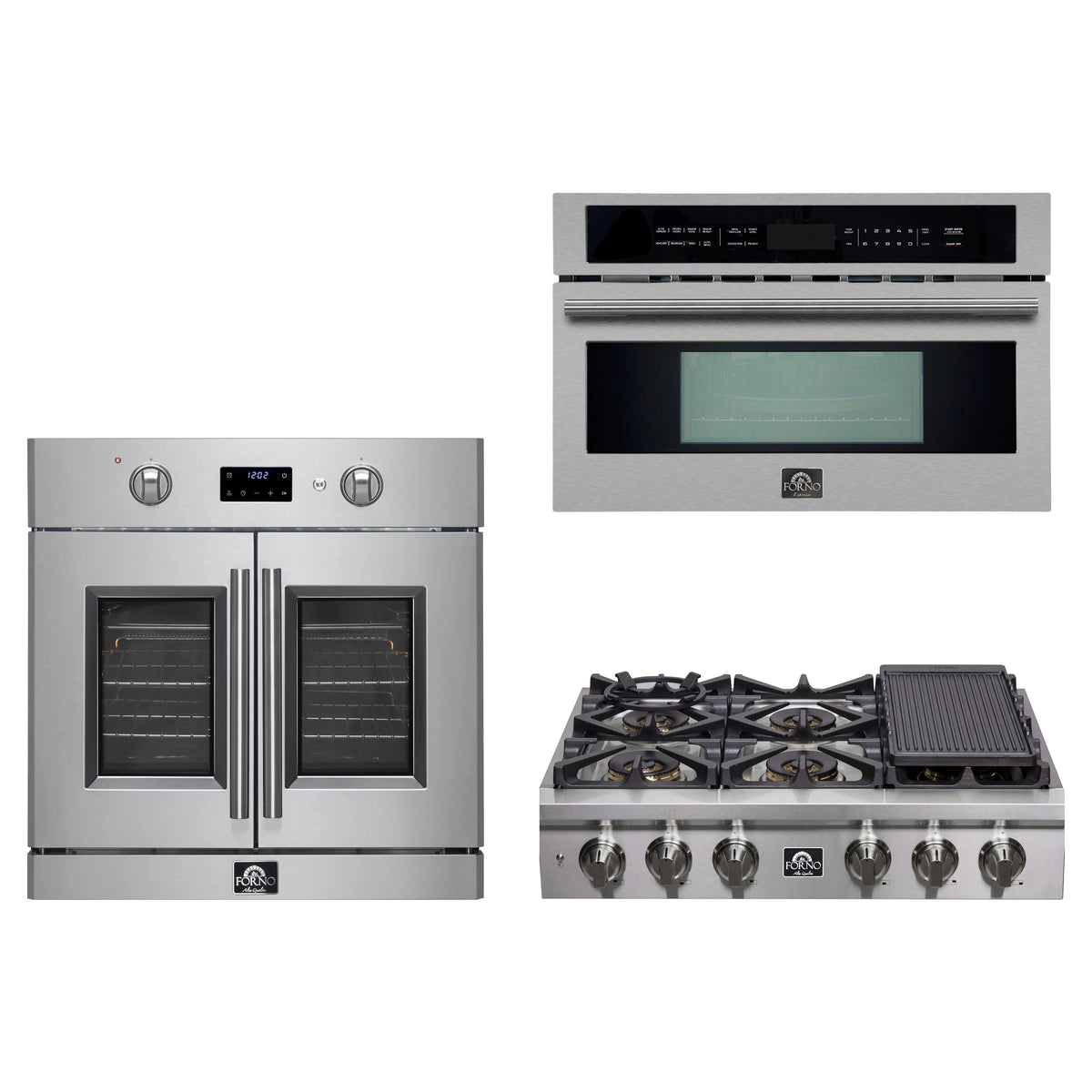 Forno 3-Piece Appliance Package - 36-Inch Spezia Gas Rangetop, French Door Wall Oven & Microwave Oven in Stainless Steel