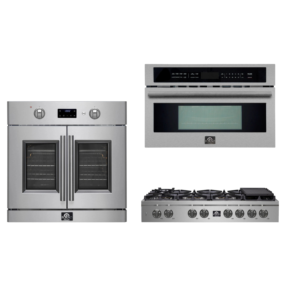 Forno 3-Piece Appliance Package - 48-Inch Spezia Gas Rangetop, French Door Wall Oven & Microwave Oven in Stainless Steel