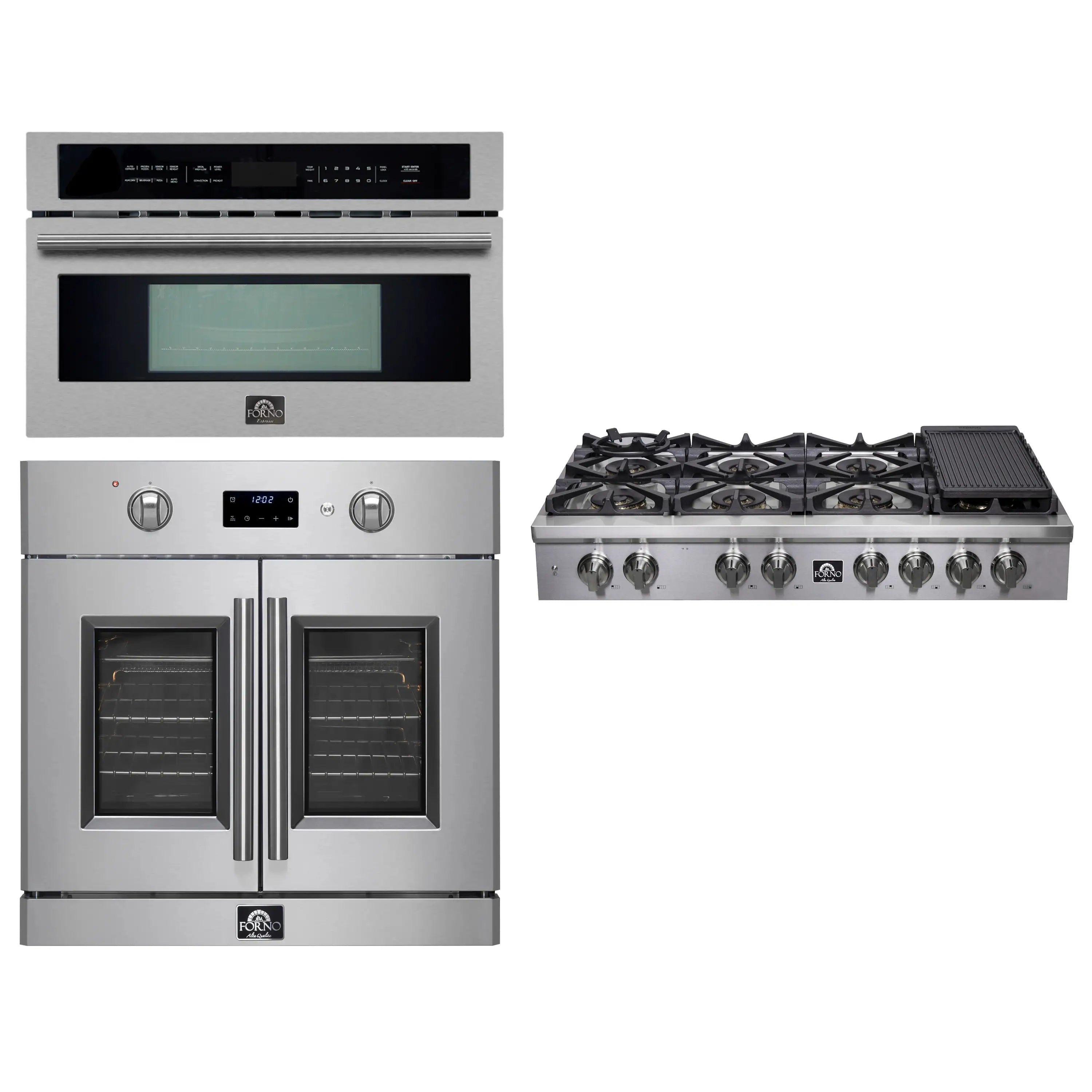 Stainless steel wall oven, microwave, and gas rangetop set