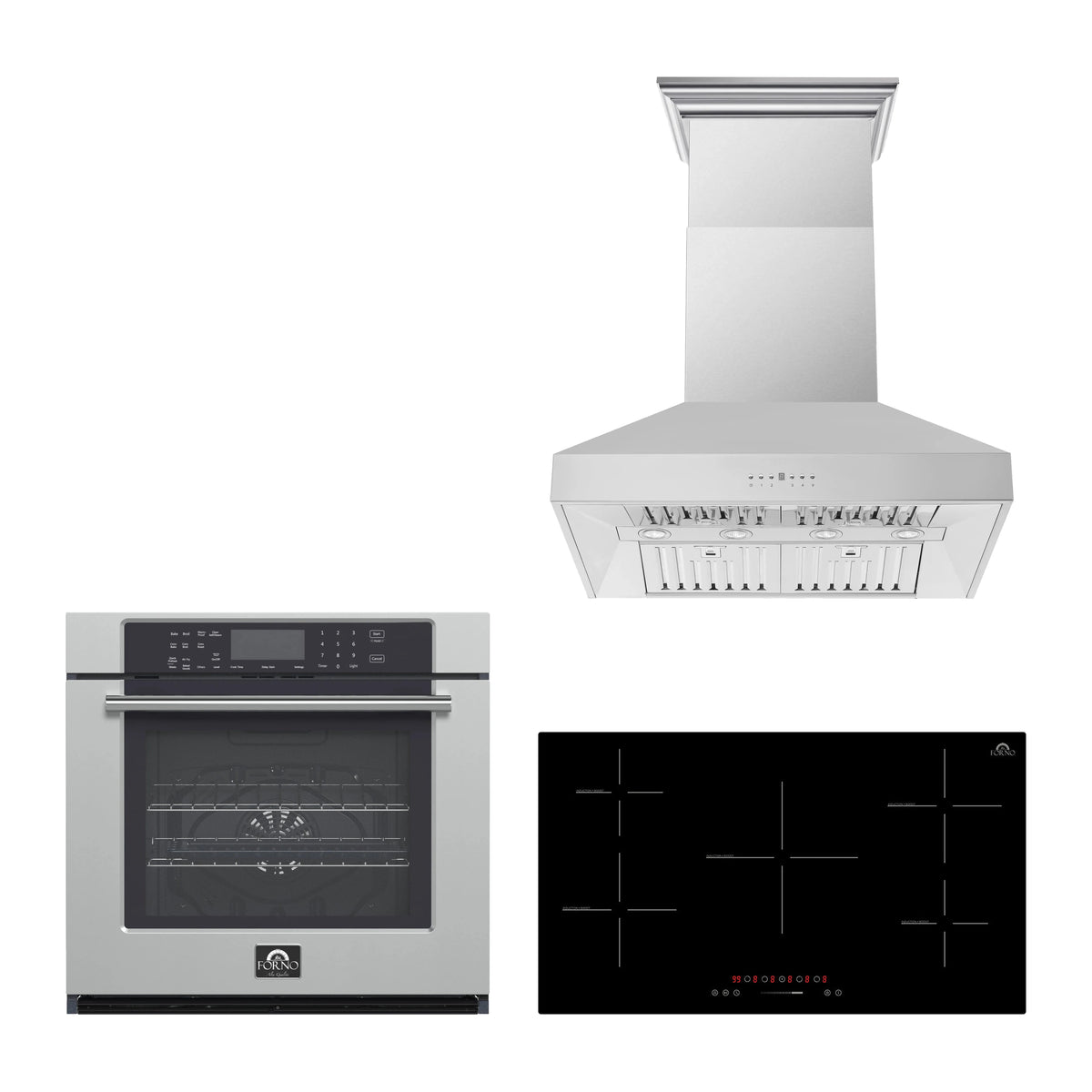 Forno 3-Piece Appliance Package - 36-Inch Parco Induction Cooktop, Villarosa Electric Wall Oven & Wall Mount Range Hood in Stainless Steel