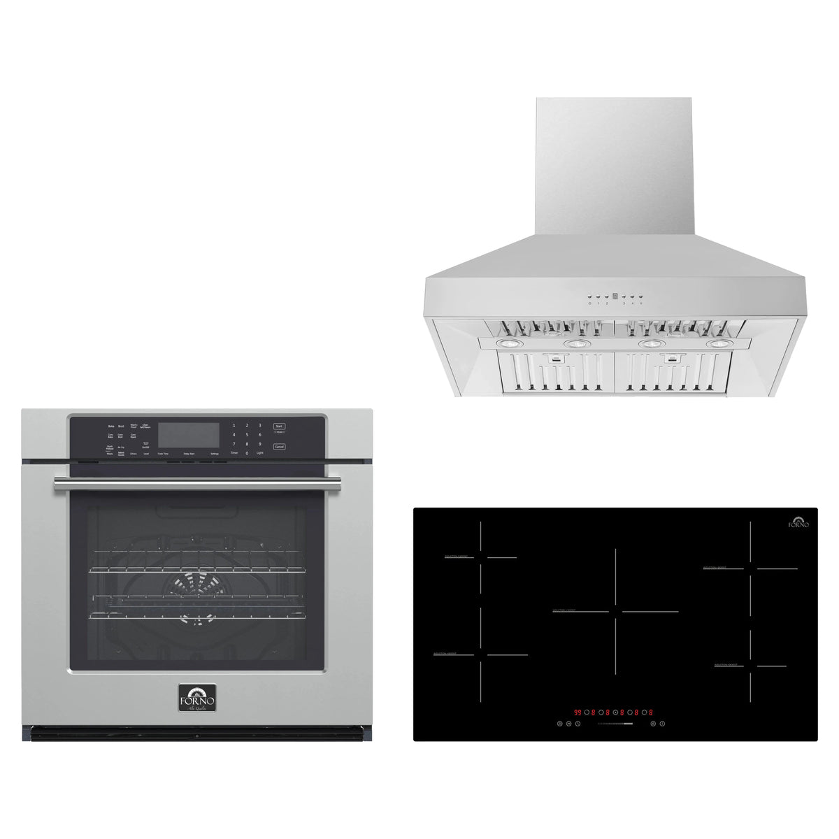 Forno 3-Piece Appliance Package - 36-Inch Parco Induction Cooktop, Villarosa Electric Wall Oven & Wall Mount Range Hood in Stainless Steel