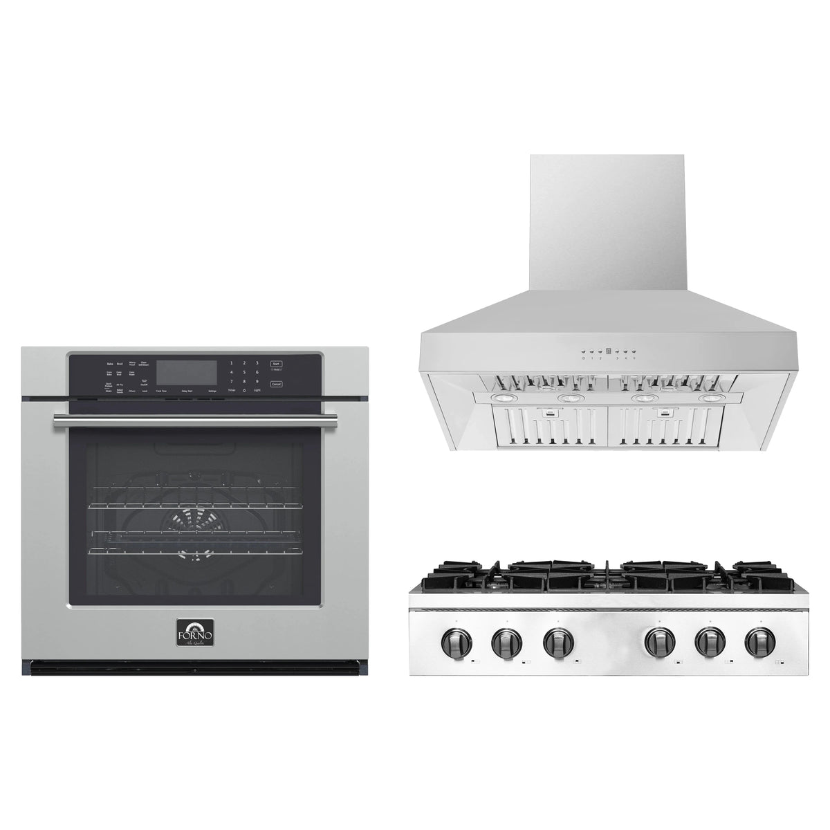 Forno 3-Piece Appliance Package - 36-Inch Lseo Gas Rangetop, Villarosa Electric Wall Oven & Wall Mount Range Hood in Stainless Steel