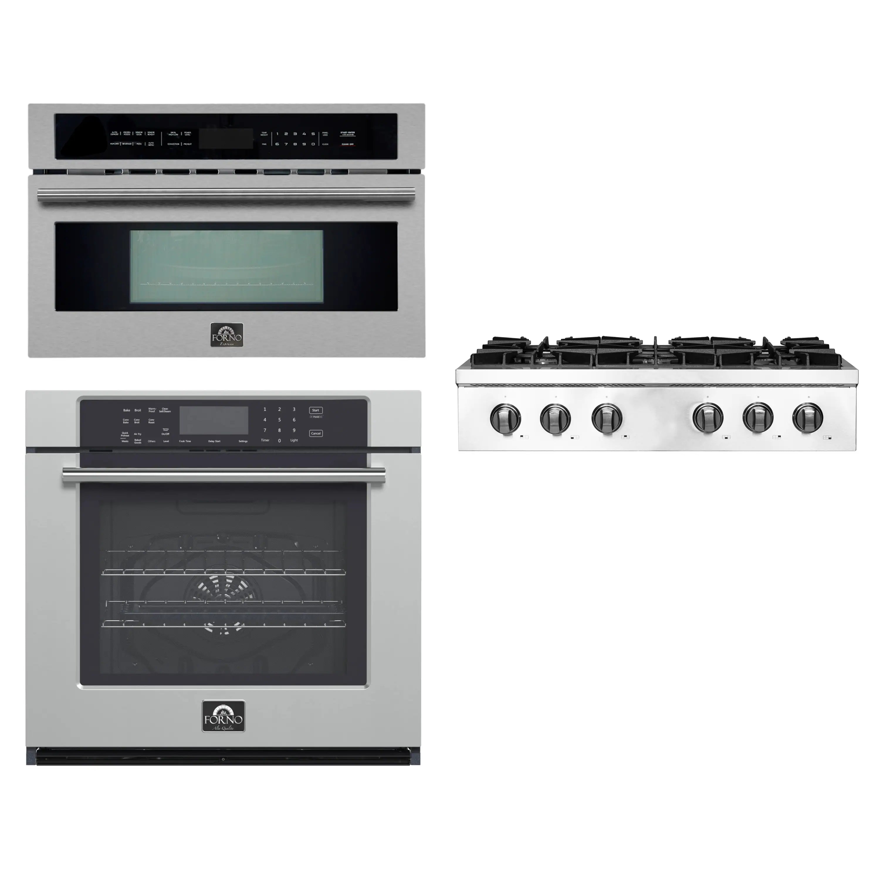 Stainless 3-piece appliance package: gas rangetop and wall oven with microwave