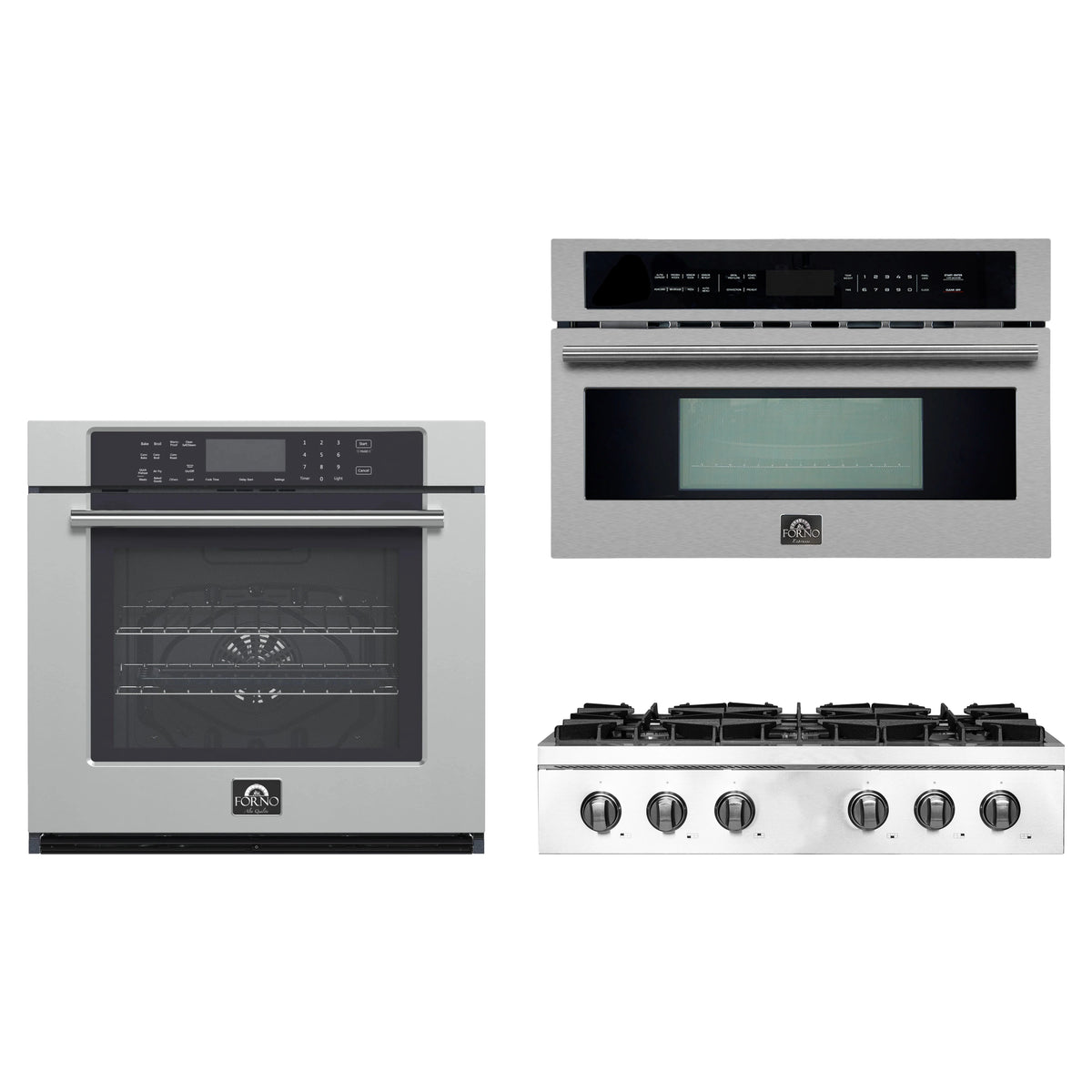 Forno 3-Piece Appliance Package - 36-Inch Lseo Gas Rangetop, Wall Oven & Microwave Oven in Stainless Steel