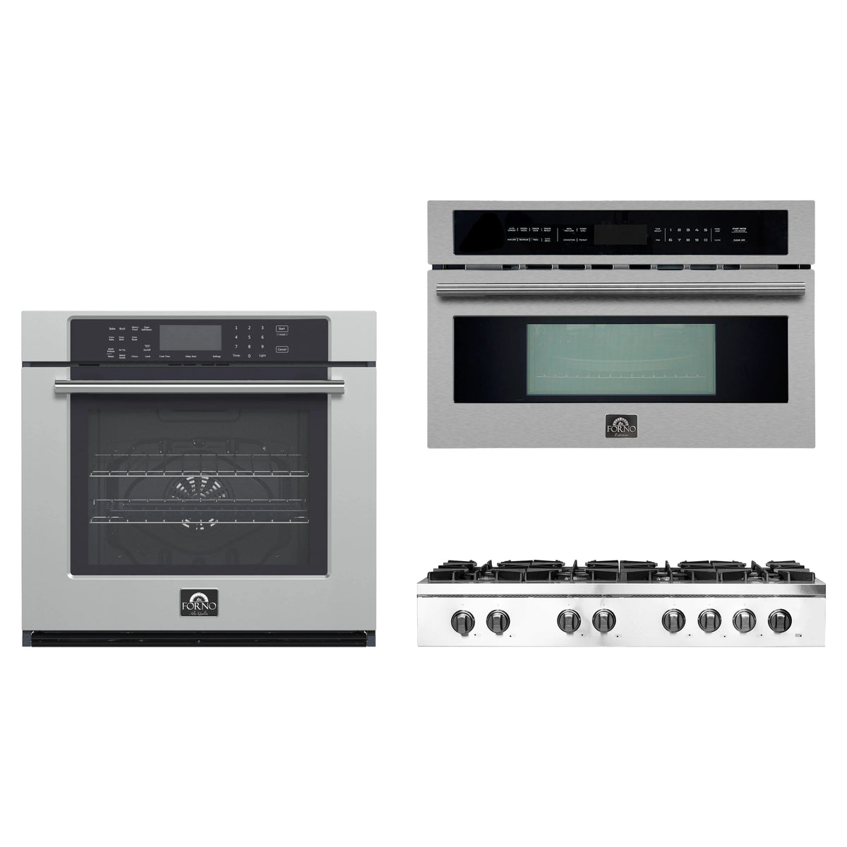 Forno 3-Piece Appliance Package - 48-Inch Lseo Gas Rangetop, Wall Oven & Microwave Oven in Stainless Steel