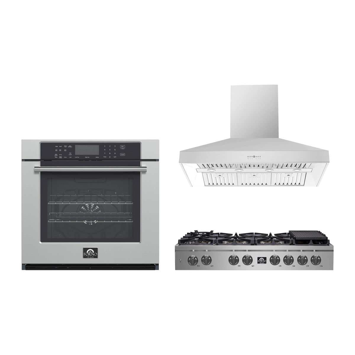 Forno 3-Piece Appliance Package - 48-Inch Spezia Gas Rangetop, Villarosa Electric Wall Oven & Wall Mount Range Hood in Stainless Steel