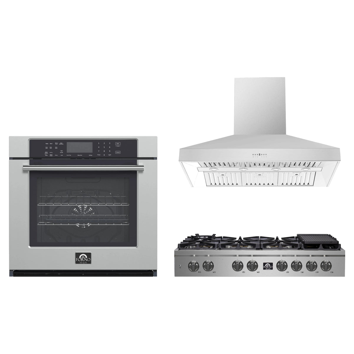 Forno 3-Piece Appliance Package - 48-Inch Spezia Gas Rangetop, Villarosa Electric Wall Oven & Wall Mount Range Hood in Stainless Steel