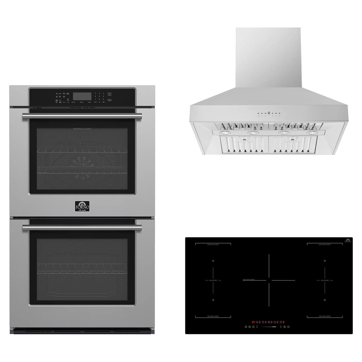 Forno 3-Piece Appliance Package - 36-Inch Ornonzo Induction Cooktop, Villarosa Double Electric Wall Oven & Wall Mount Range Hood in Stainless Steel