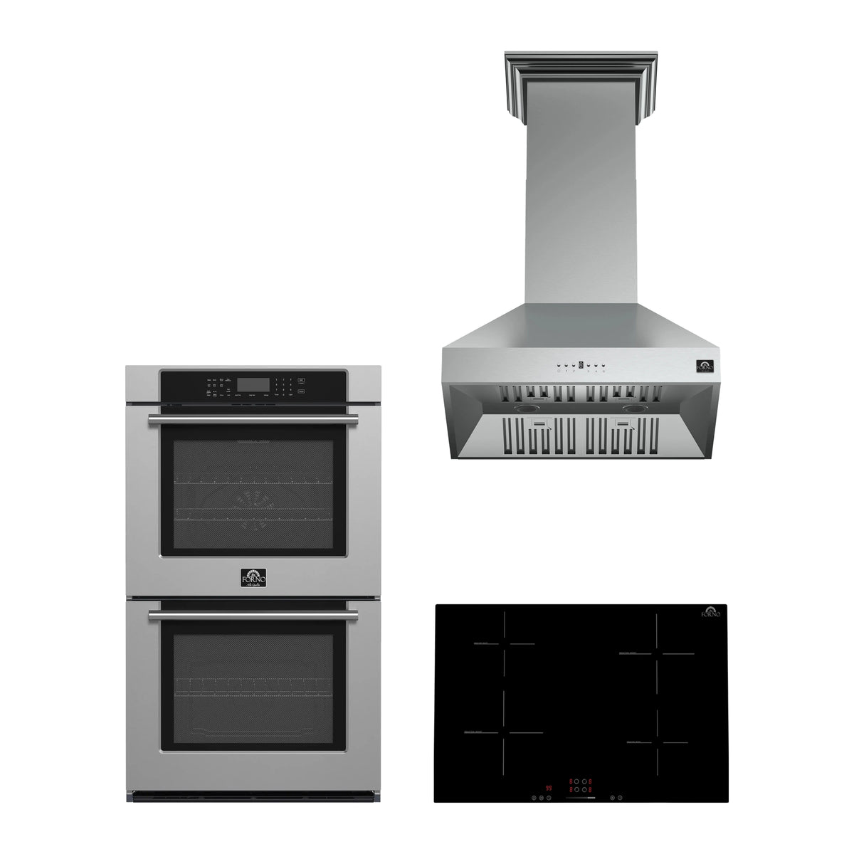 Forno 3-Piece Appliance Package - 30-Inch Parco Induction Cooktop, Villarosa Double Electric Wall Oven & Wall Mount Range Hood in Stainless Steel