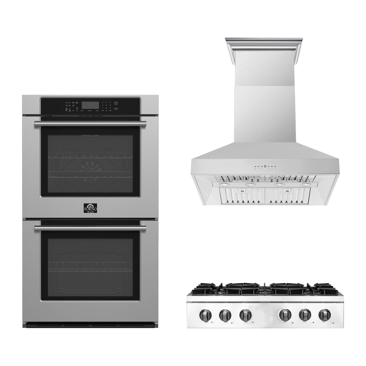 Forno 3-Piece Appliance Package - 36-Inch Lseo Gas Rangetop, Villarosa Double Electric Wall Oven & Wall Mount Range Hood in Stainless Steel