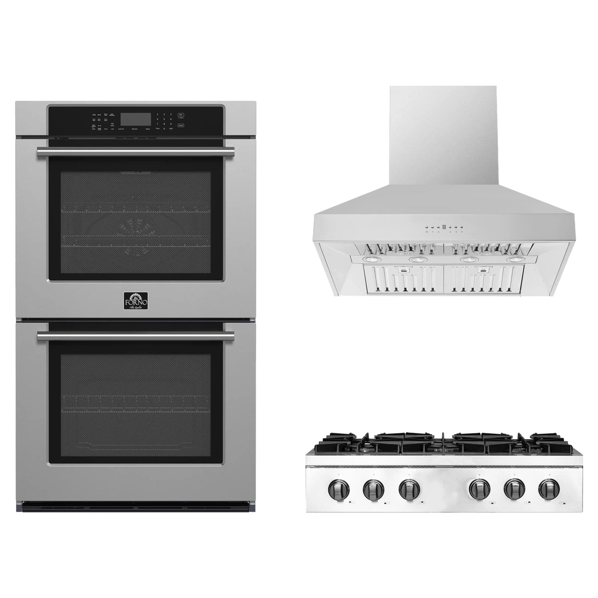 Forno 3-Piece Appliance Package - 36-Inch Lseo Gas Rangetop, Villarosa Double Electric Wall Oven & Wall Mount Range Hood in Stainless Steel